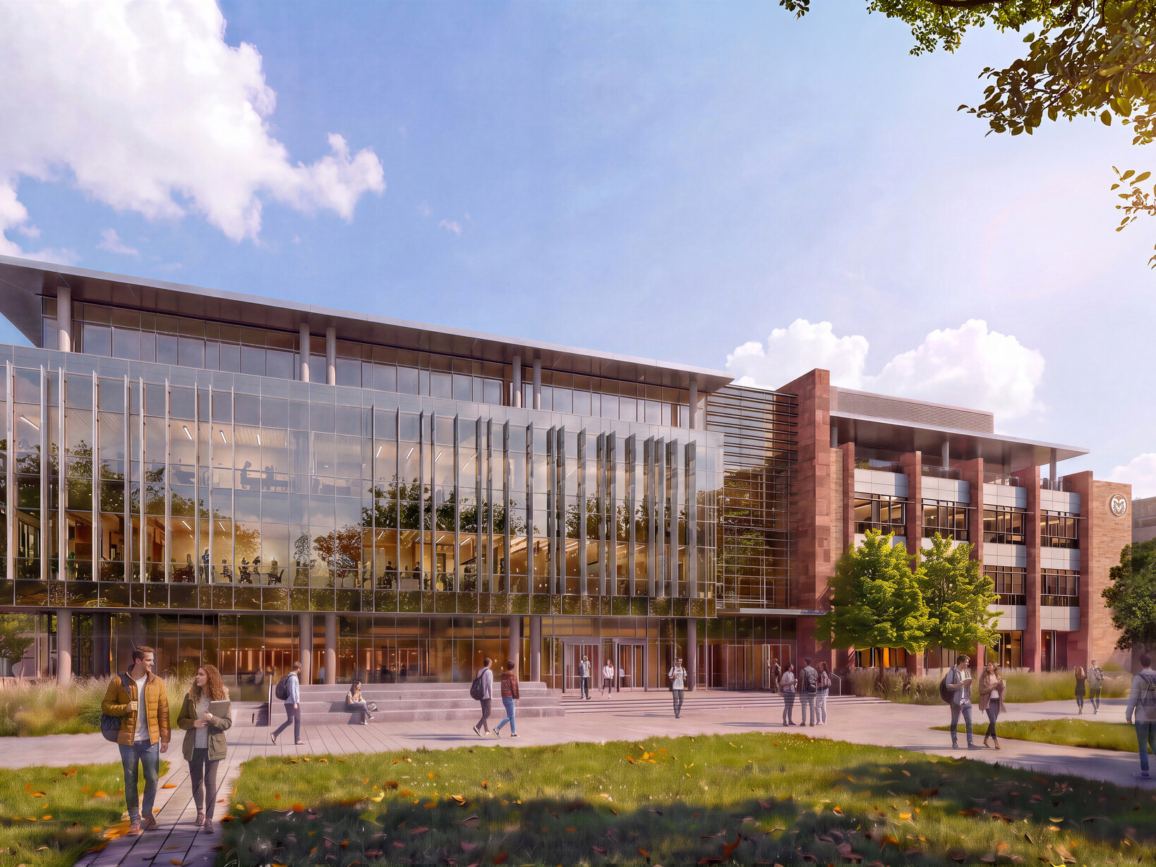 exterior rendering of Colorado State University Engineering Future Technologies Building; large modern floor to ceiling window facade; with campus green space in foreground