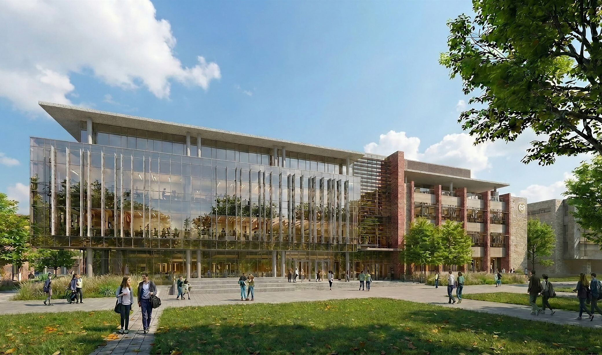 exterior rendering of Colorado State University Engineering Future Technologies Building; large modern floor to ceiling window facade; with campus green space in foreground