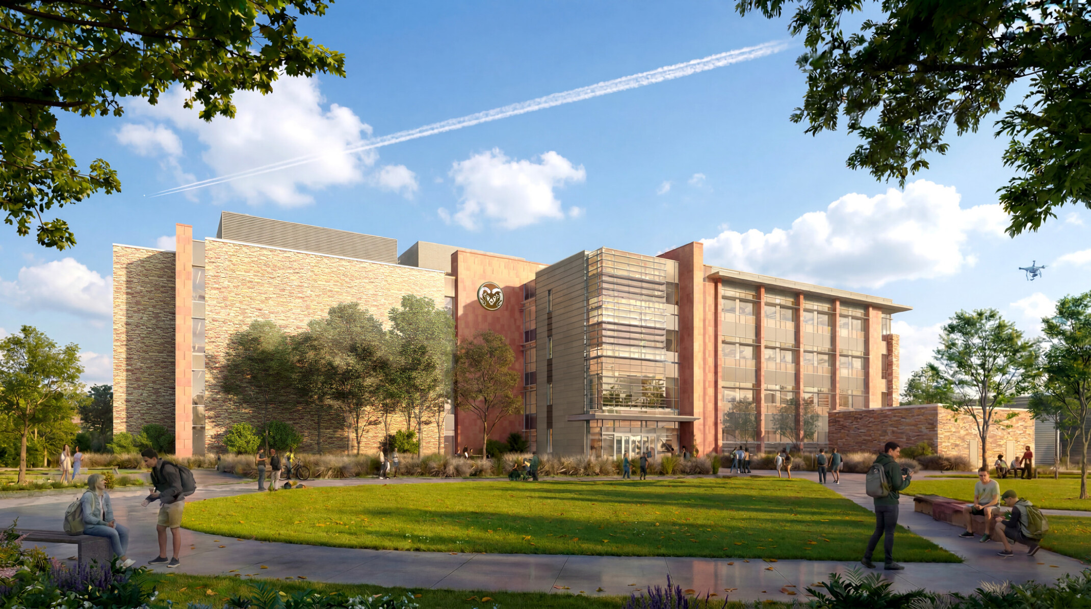 exterior rendering of Colorado State University Engineering Future Technologies Building; large modern floor to ceiling window facade; with campus green space in foreground
