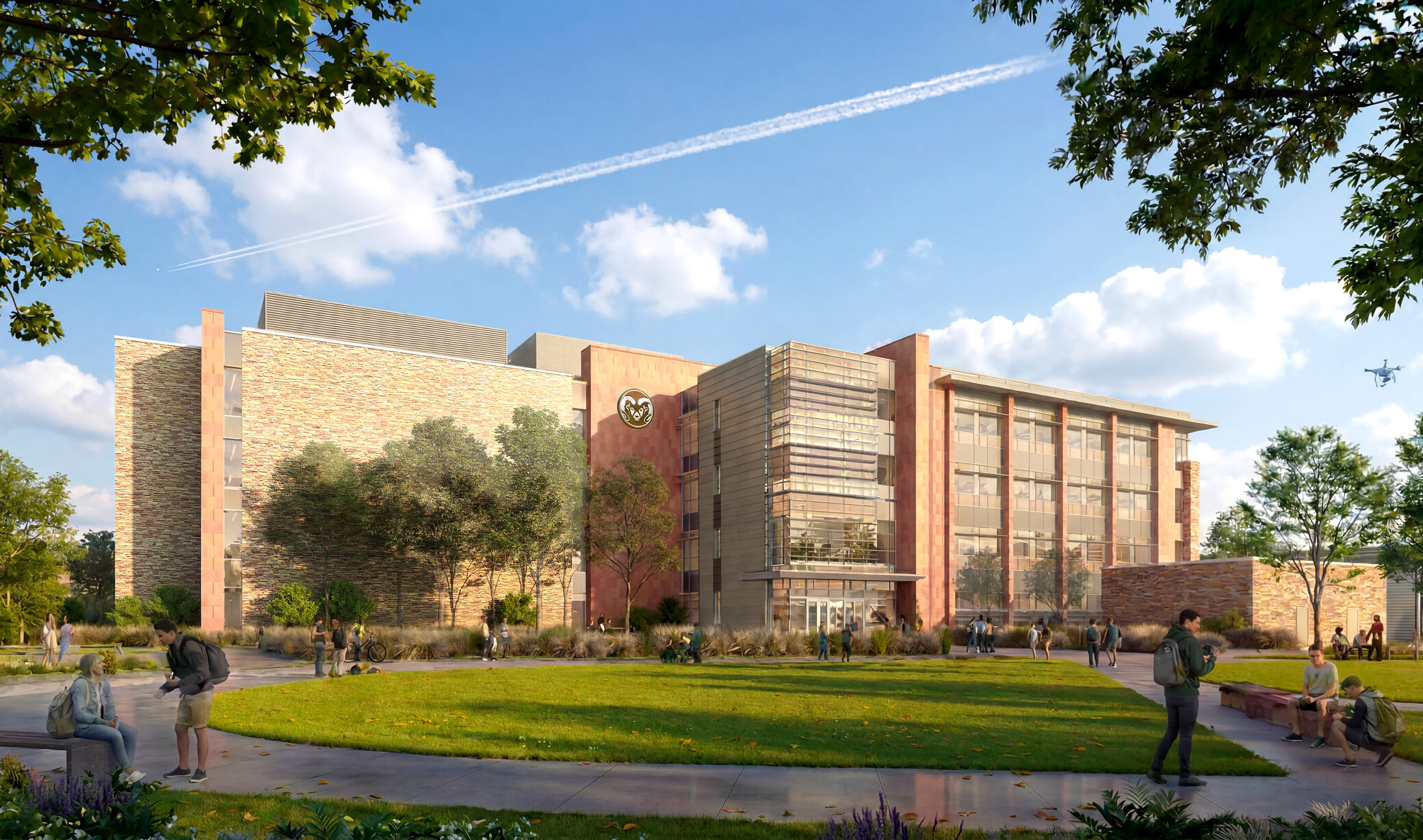 exterior rendering of Colorado State University Engineering Future Technologies Building; large modern floor to ceiling window facade; with campus green space in foreground