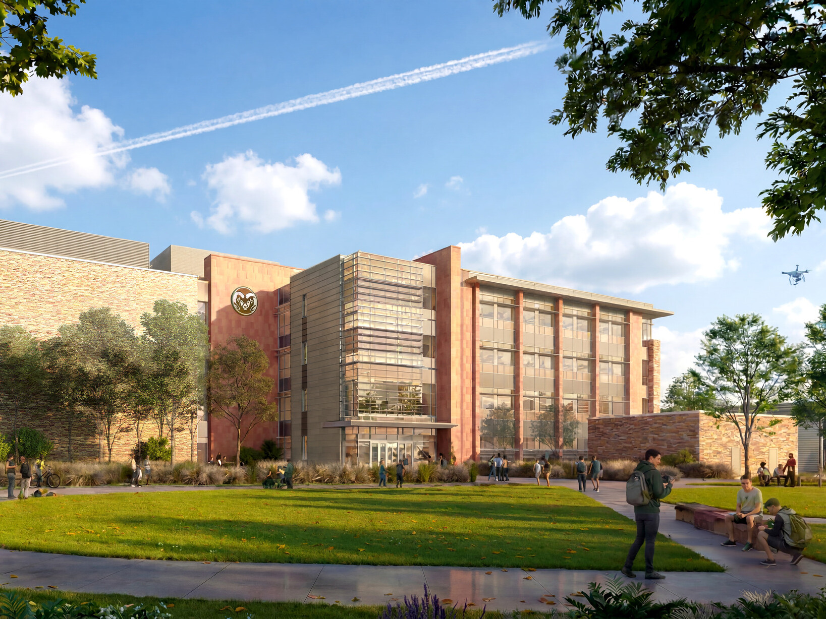 exterior rendering of Colorado State University Engineering Future Technologies Building; large modern floor to ceiling window facade; with campus green space in foreground