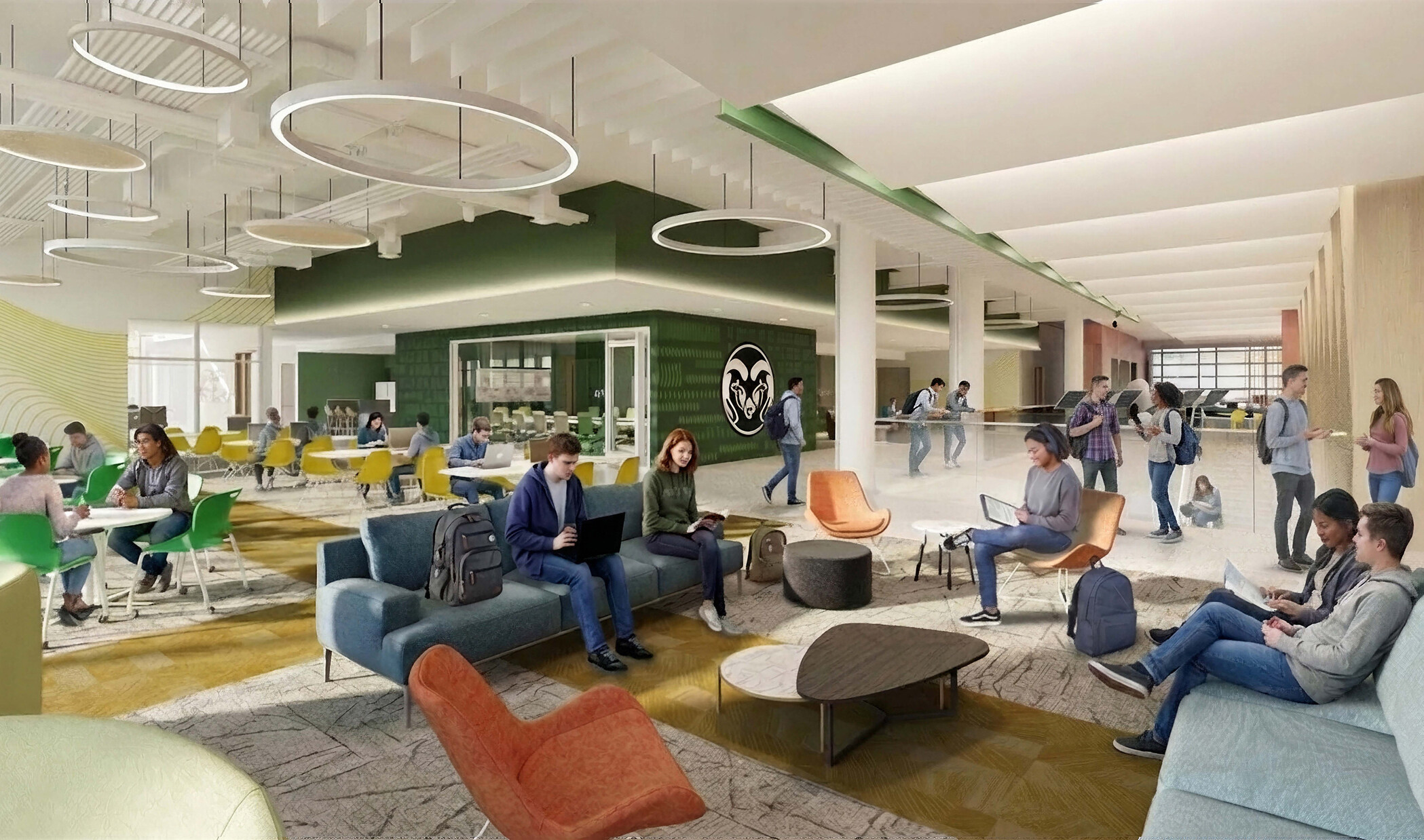 Common area at Colorado State University Engineering Future Technologies Building; students sitting and working at modular tables and furniture; cafe in the background