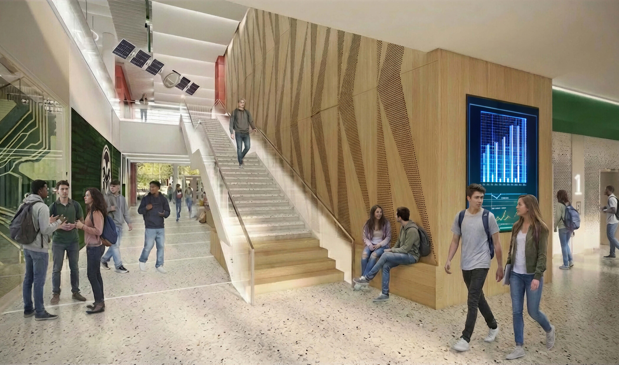 modern college learning building with staircase connecting two floors, wood sculptural wall lines the stair, satellite installation at top of stairs