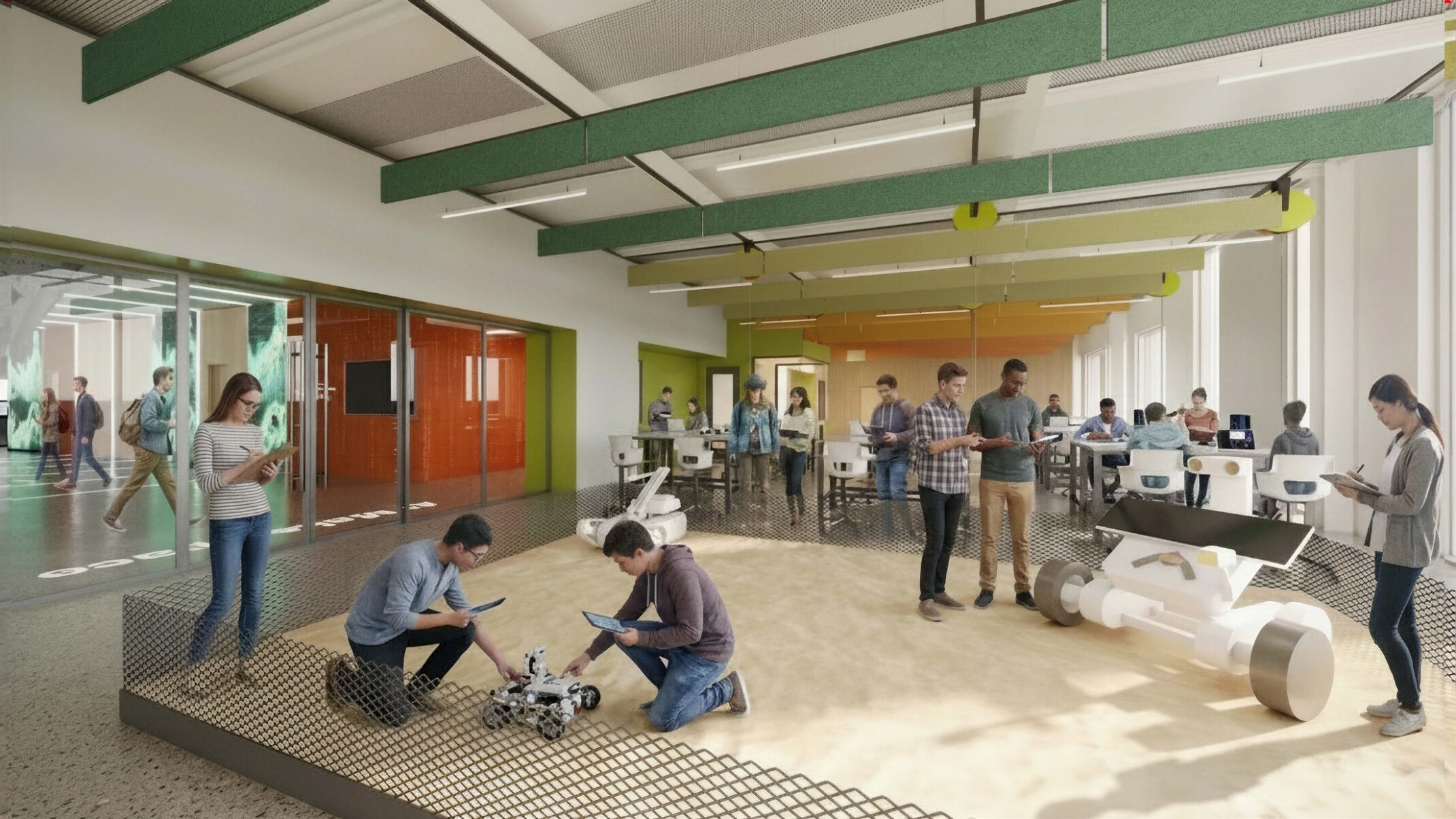 Makerspace at Colorado State University Engineering Future Technologies Building; students sitting and working at stations in a technical classroom with robots; materials; etc.