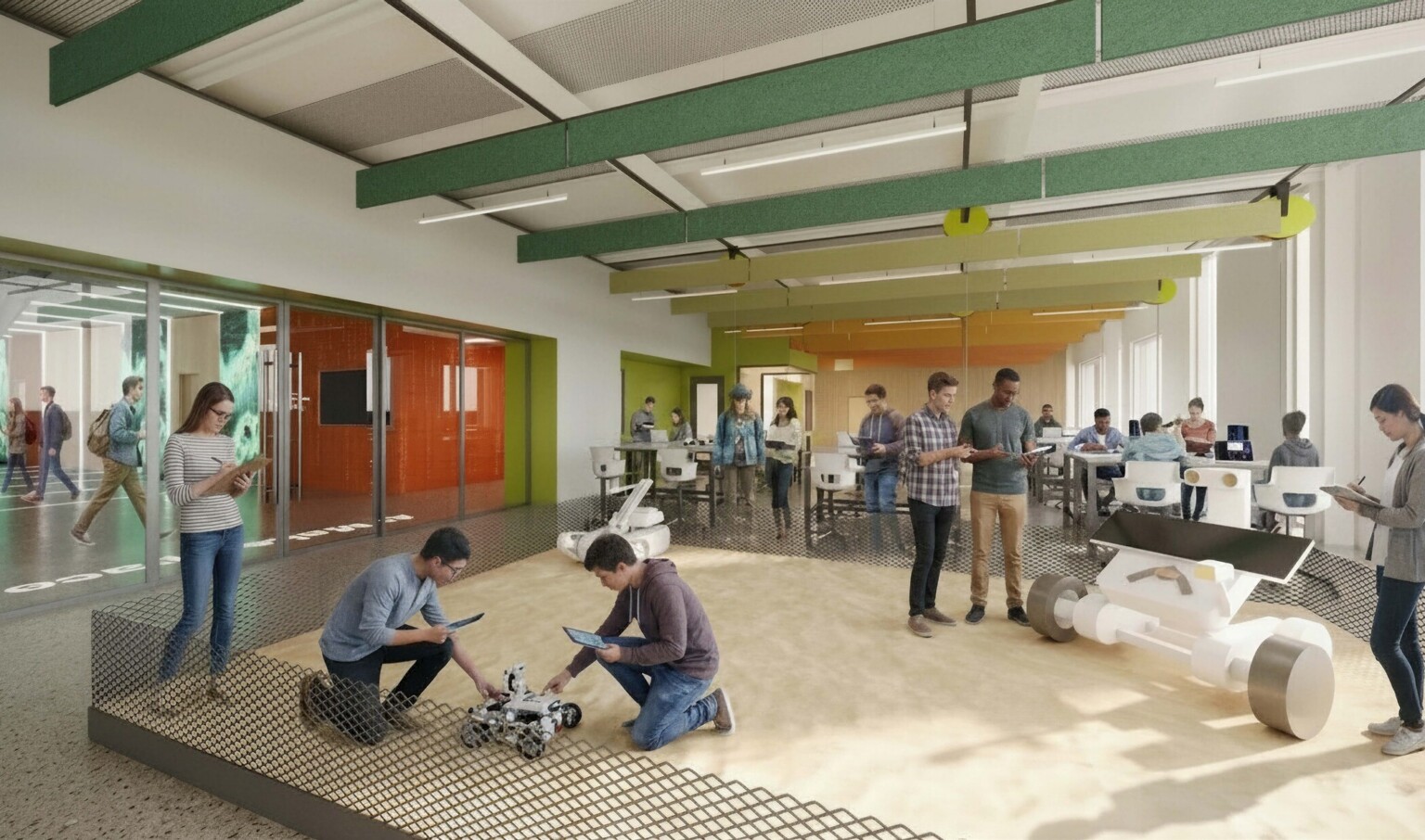 Makerspace at Colorado State University Engineering Future Technologies Building; students sitting and working at stations in a technical classroom with robots; materials; etc.