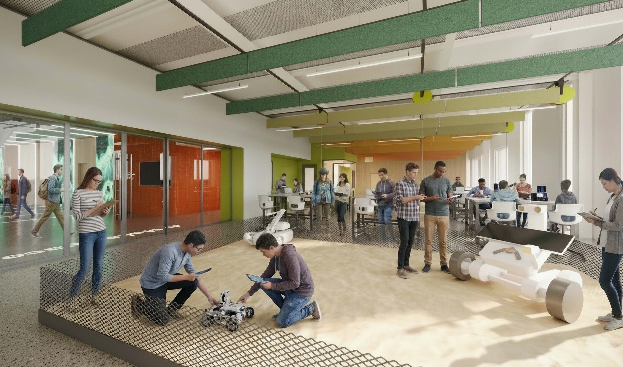 Makerspace at Colorado State University Engineering Future Technologies Building; students sitting and working at stations in a technical classroom with robots; materials; etc.