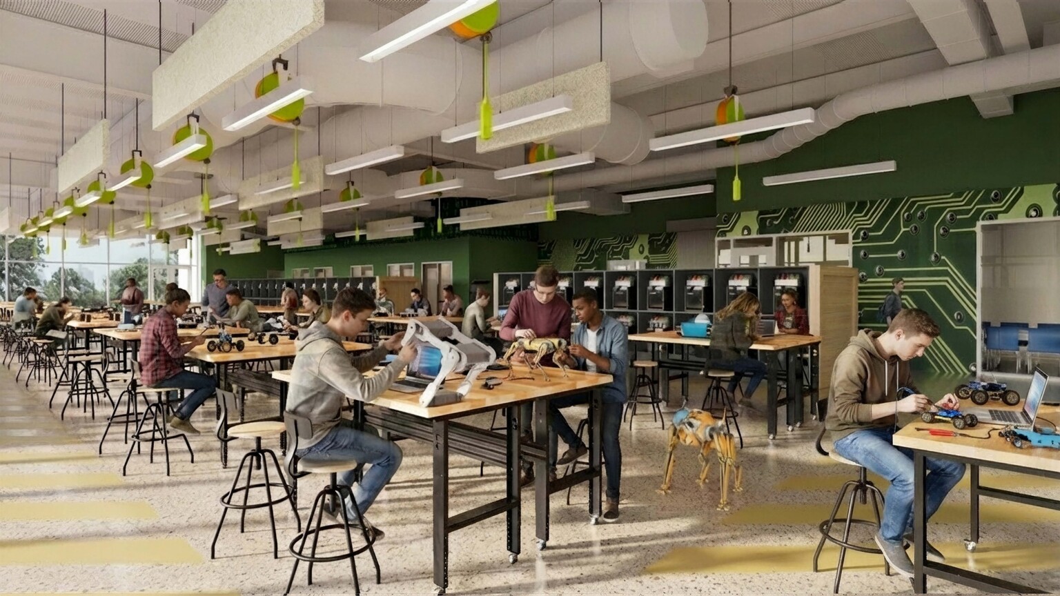 students sitting and working at stations in a technical classroom with 3D printers; materials; etc.
