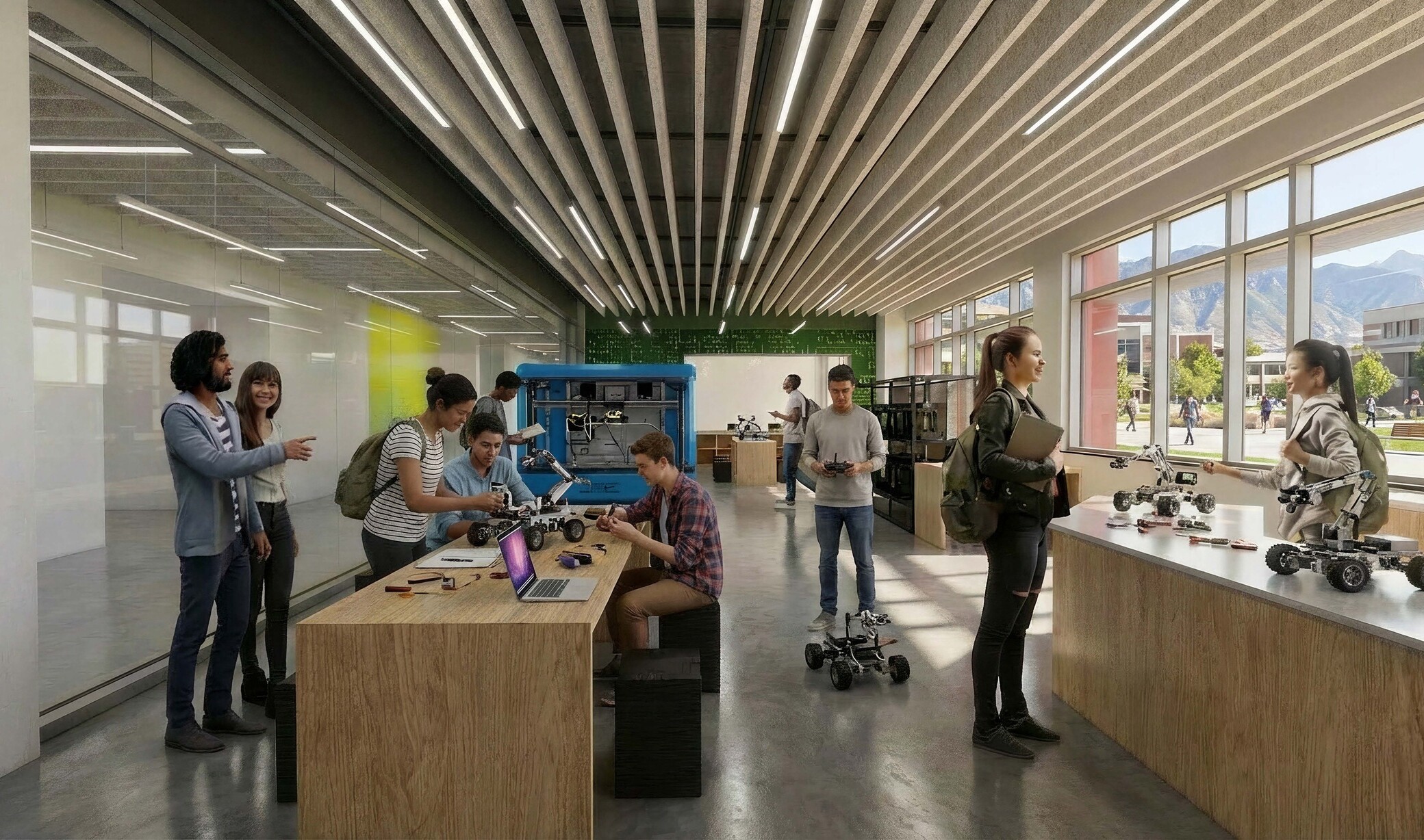 students sitting and working at stations in a technical classroom with 3D printers; materials; etc.