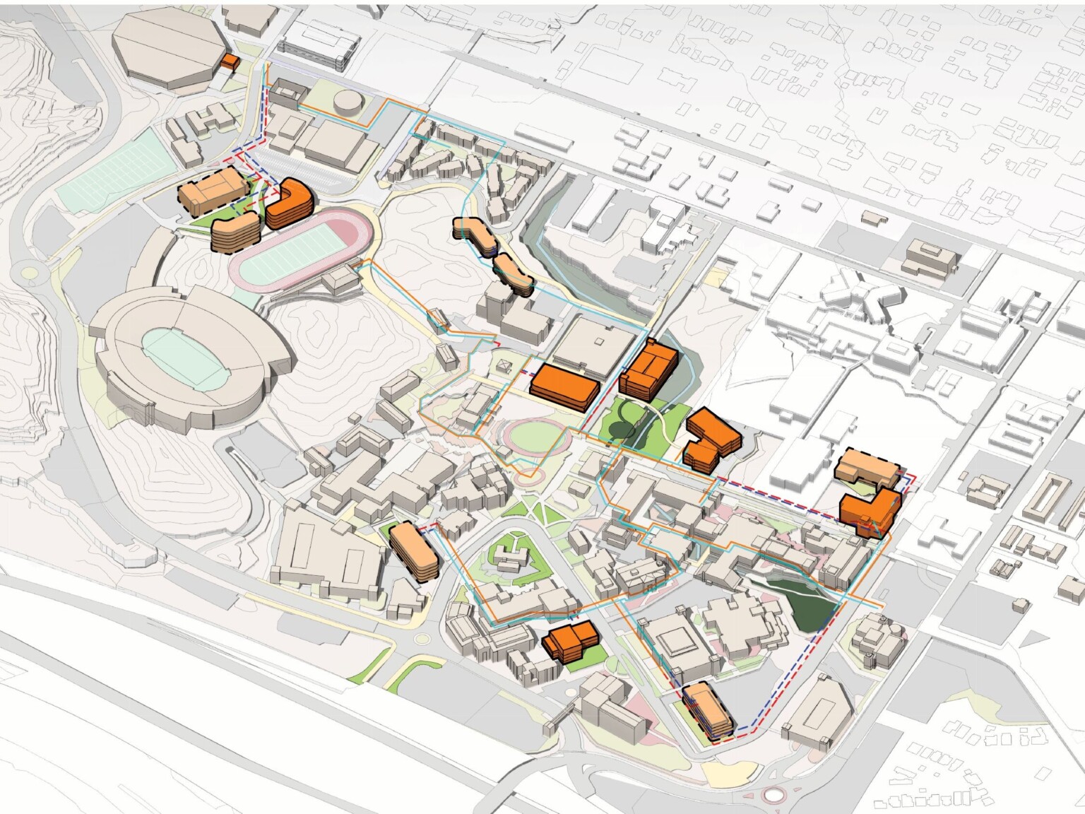 UTEP campus master plan showing a map of the facilities with buildings highlighted in orange and yellow