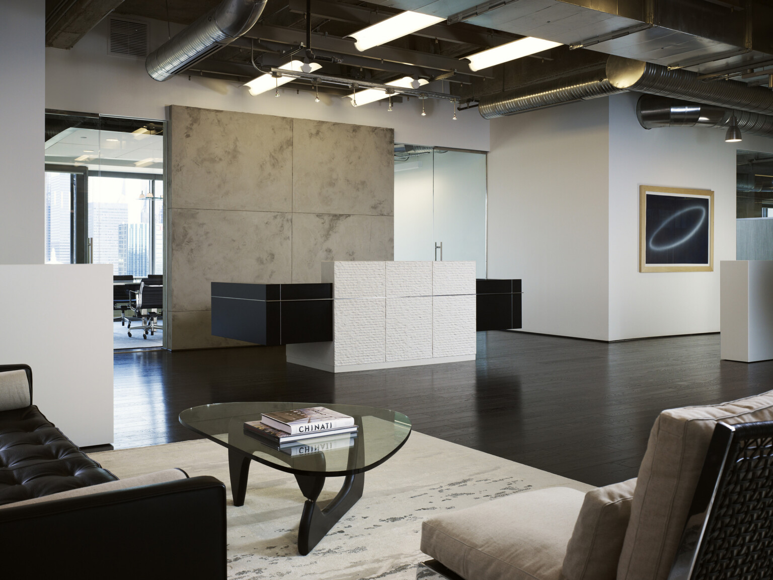 modern workplace interior lobby; neutral tone walls and furniture