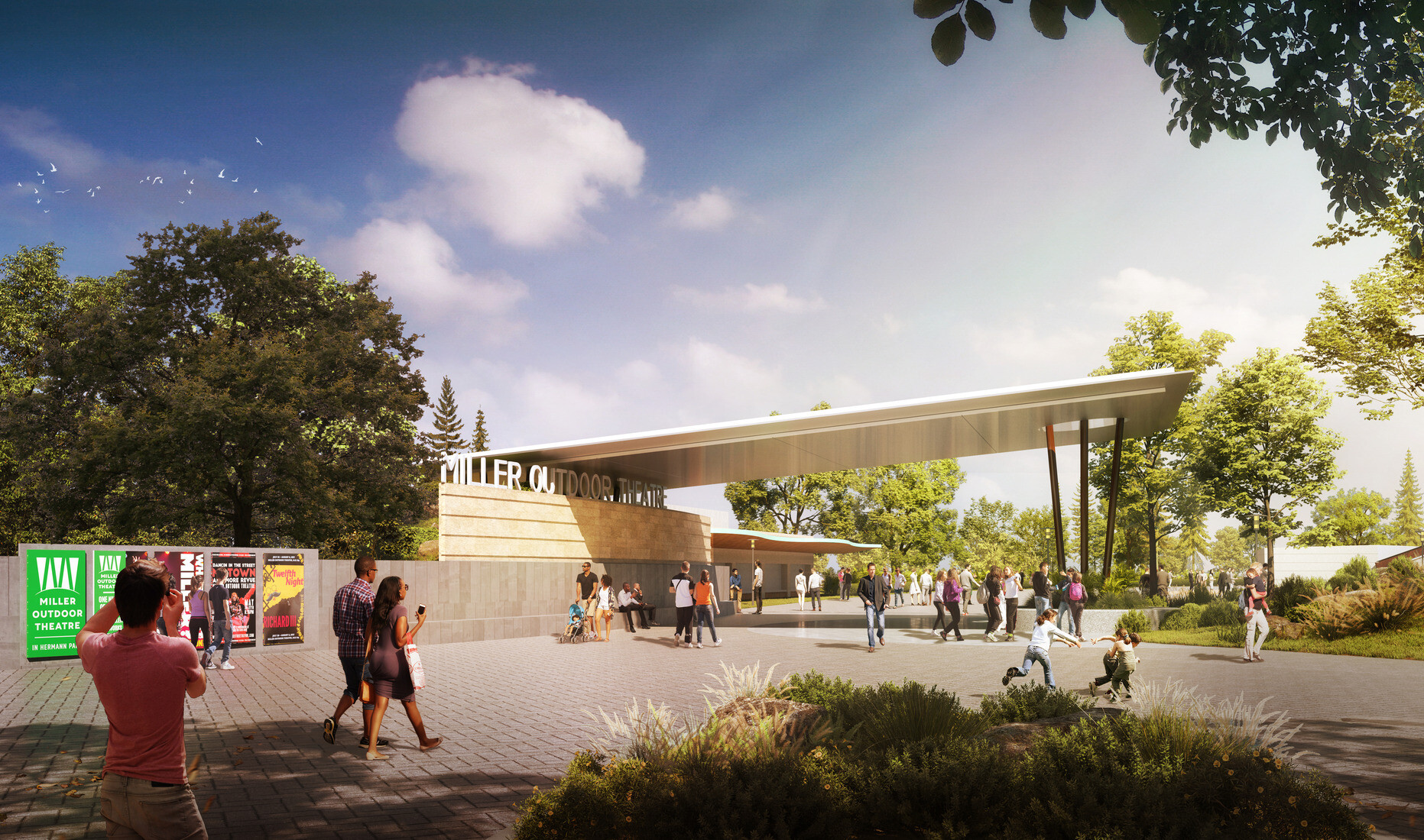 architectural rendering of miller outdoor theater; large walkway space surrounded by nature looking toward large event awning