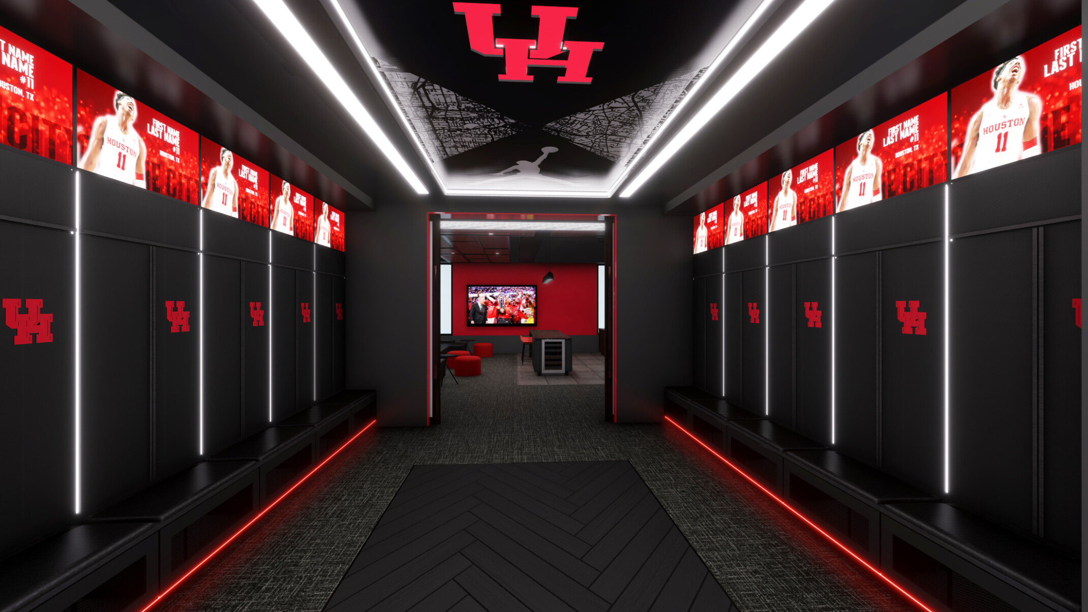 Basketball locker room with black walls and floors and red lighting throughout