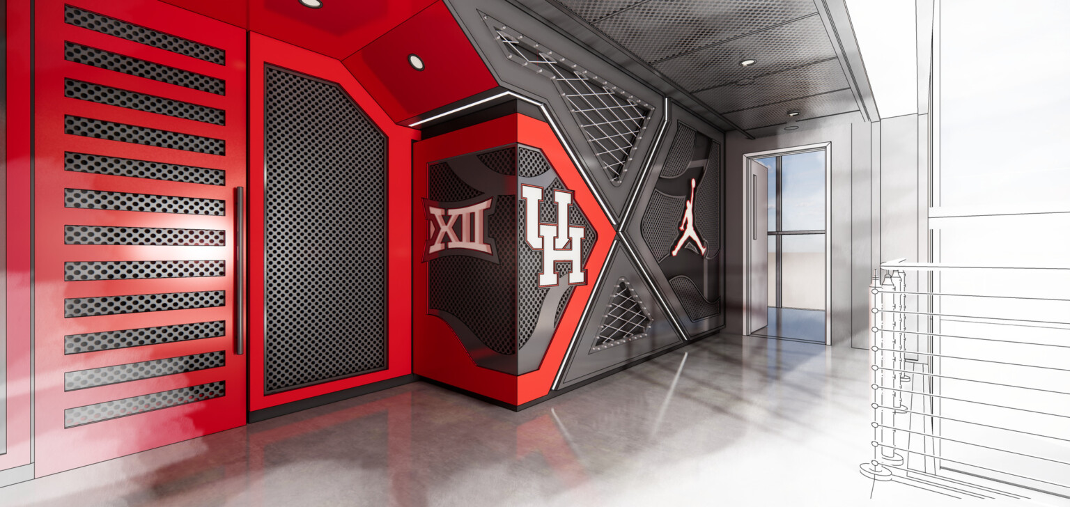 Grey wall accented by red trim with Air Jordan, Big XII and University of Houston logos Grey wall accented by red trim with Air Jordan, Big XII and University of Houston logos