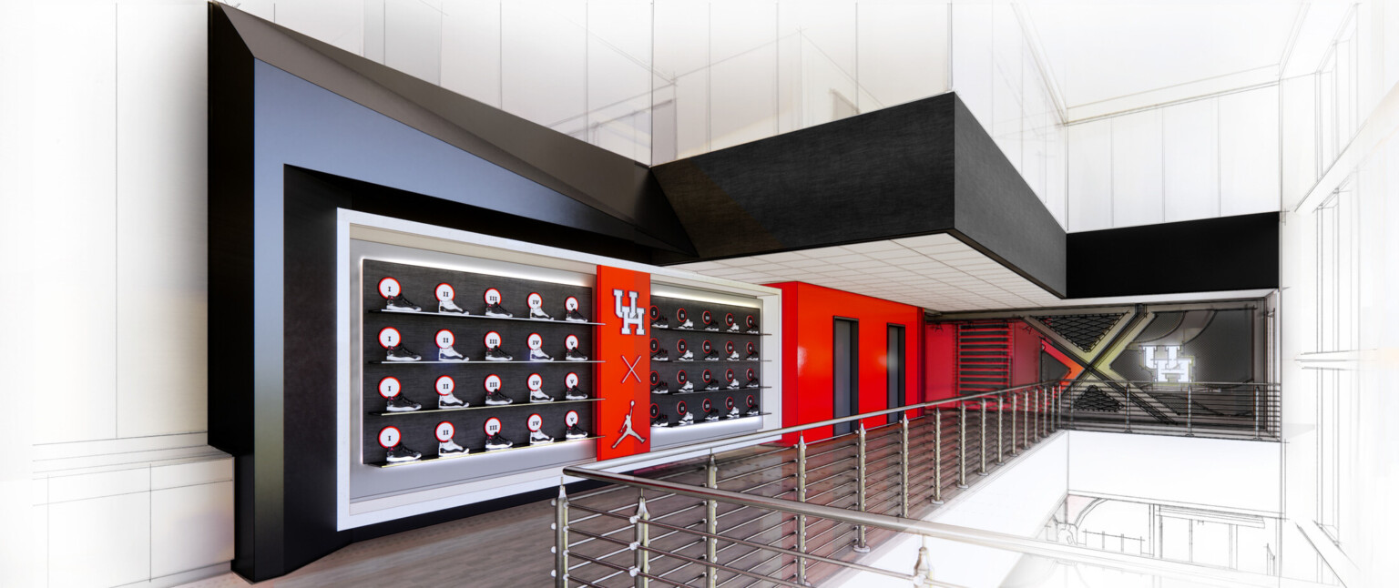 Rendering of shoes displayed on a wall with red walls, black trim featuring University of Houston and Air Jordan logos