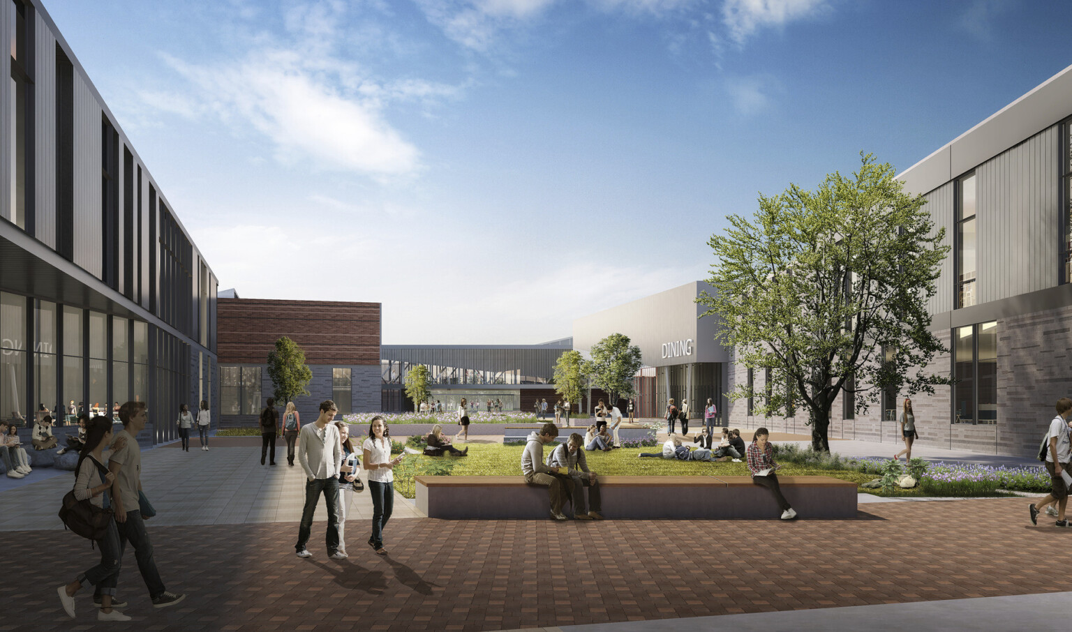 design concept for an interior courtyard at a school, complete with benches, warm wood textures, and an entrance to a dining hall design concept for an interior courtyard at a school, complete with benches, warm wood textures, and an entrance to a dining hall