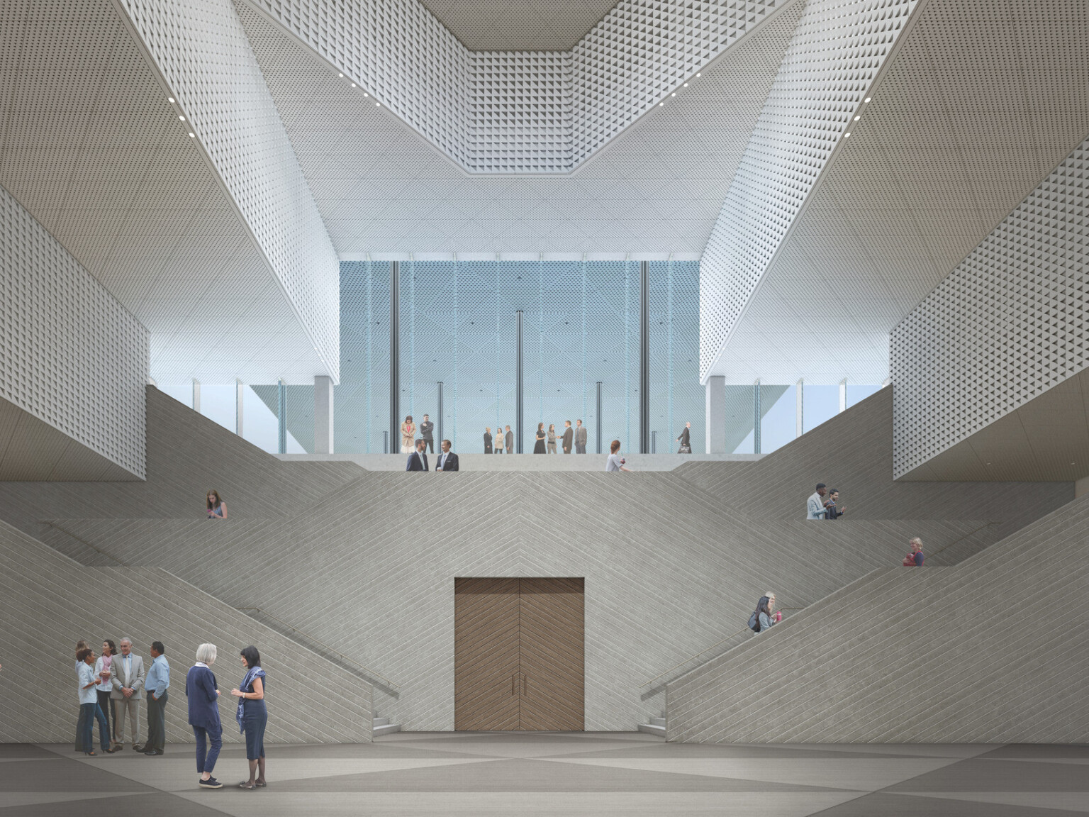 Ismaili Center in Houston interior triple height chamber with angular white textured walls. Double stairs on each side of double doors Ismaili Center in Houston interior triple height chamber with angular white textured walls. Double stairs on each side of double doors