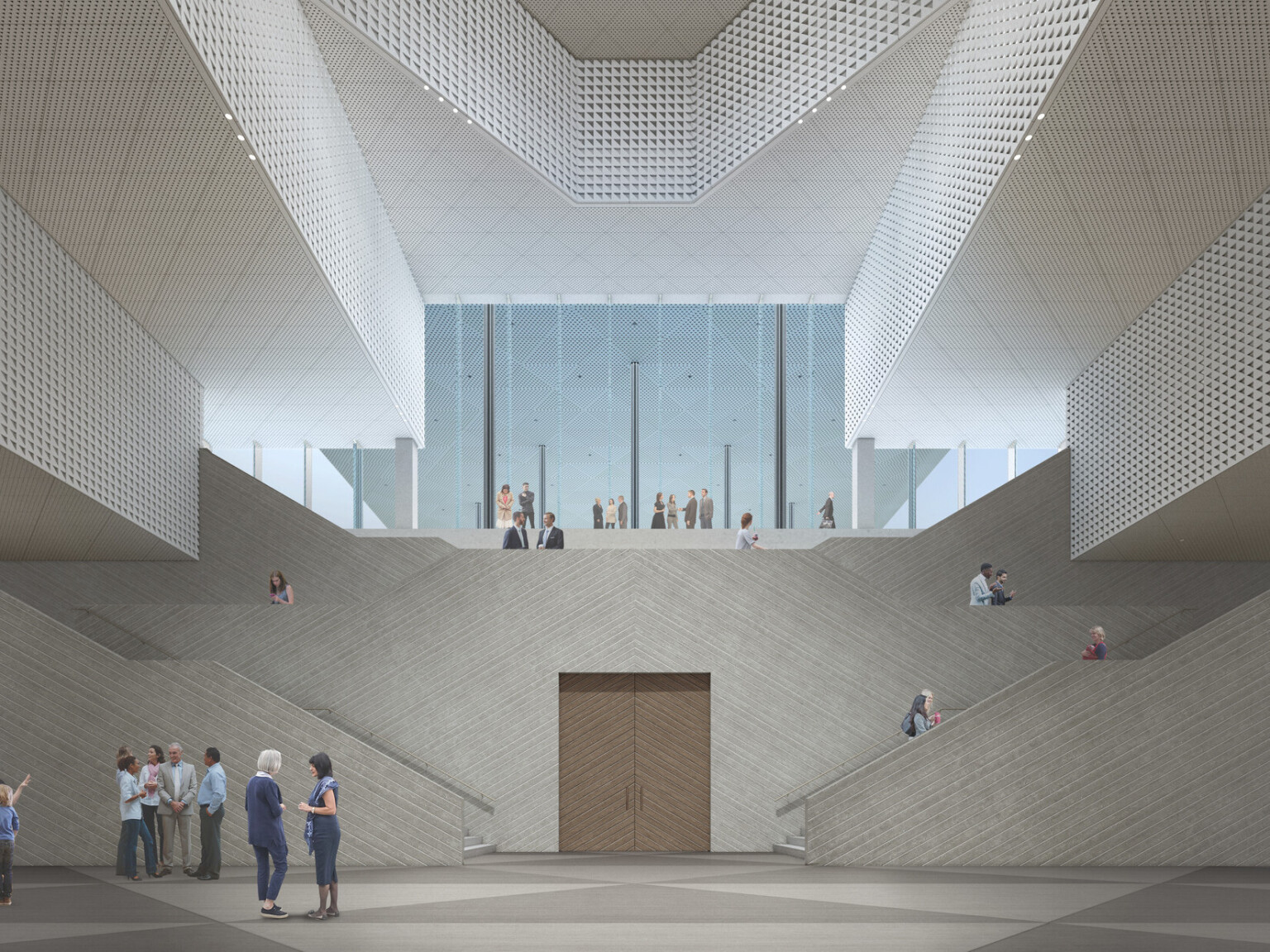 Ismaili Center in Houston interior triple height chamber with angular white textured walls. Double stairs on each side of double doors
