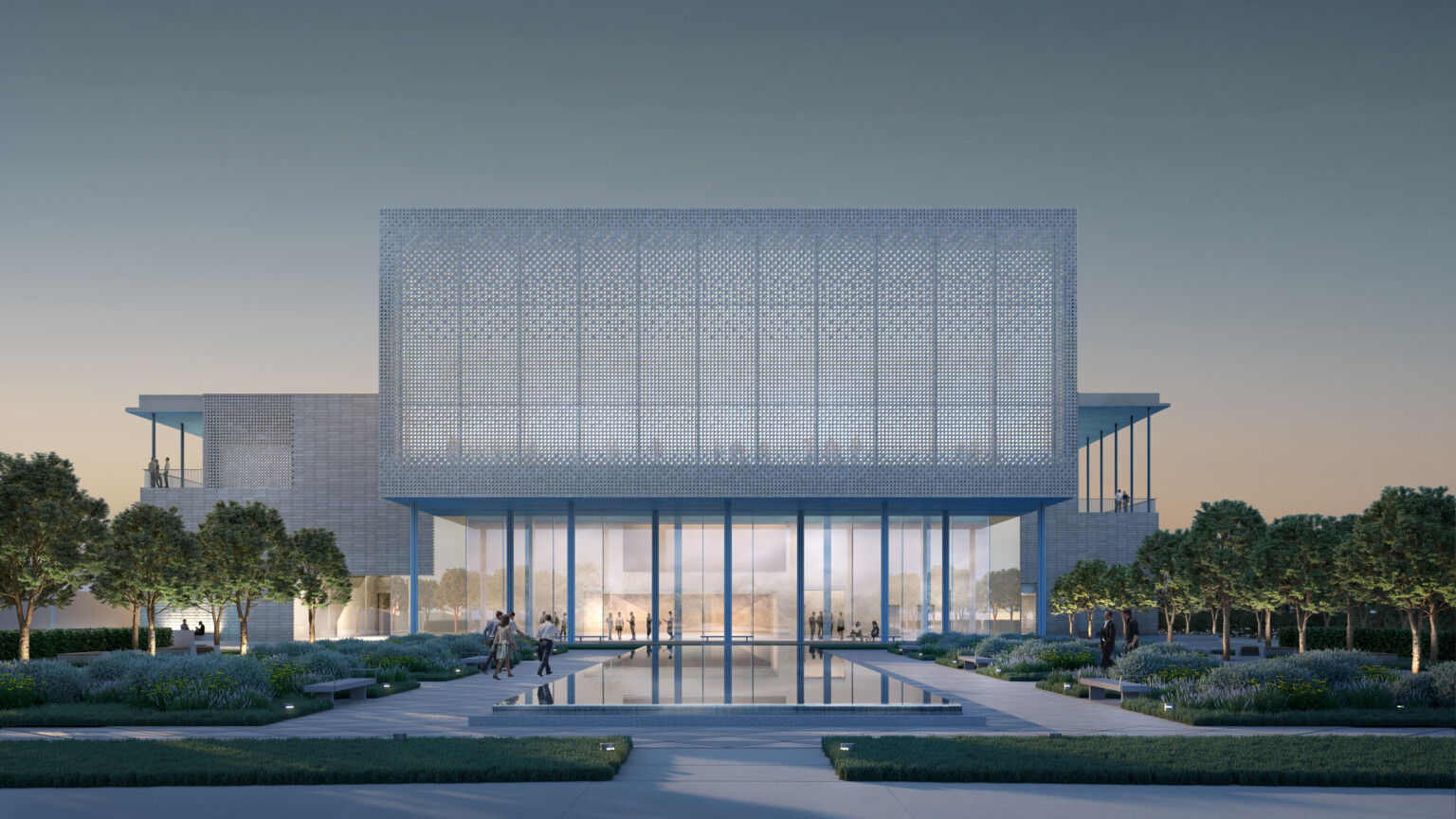 Ismaili Center Houston front entrance; modern white building with multistory facade and feature lighting