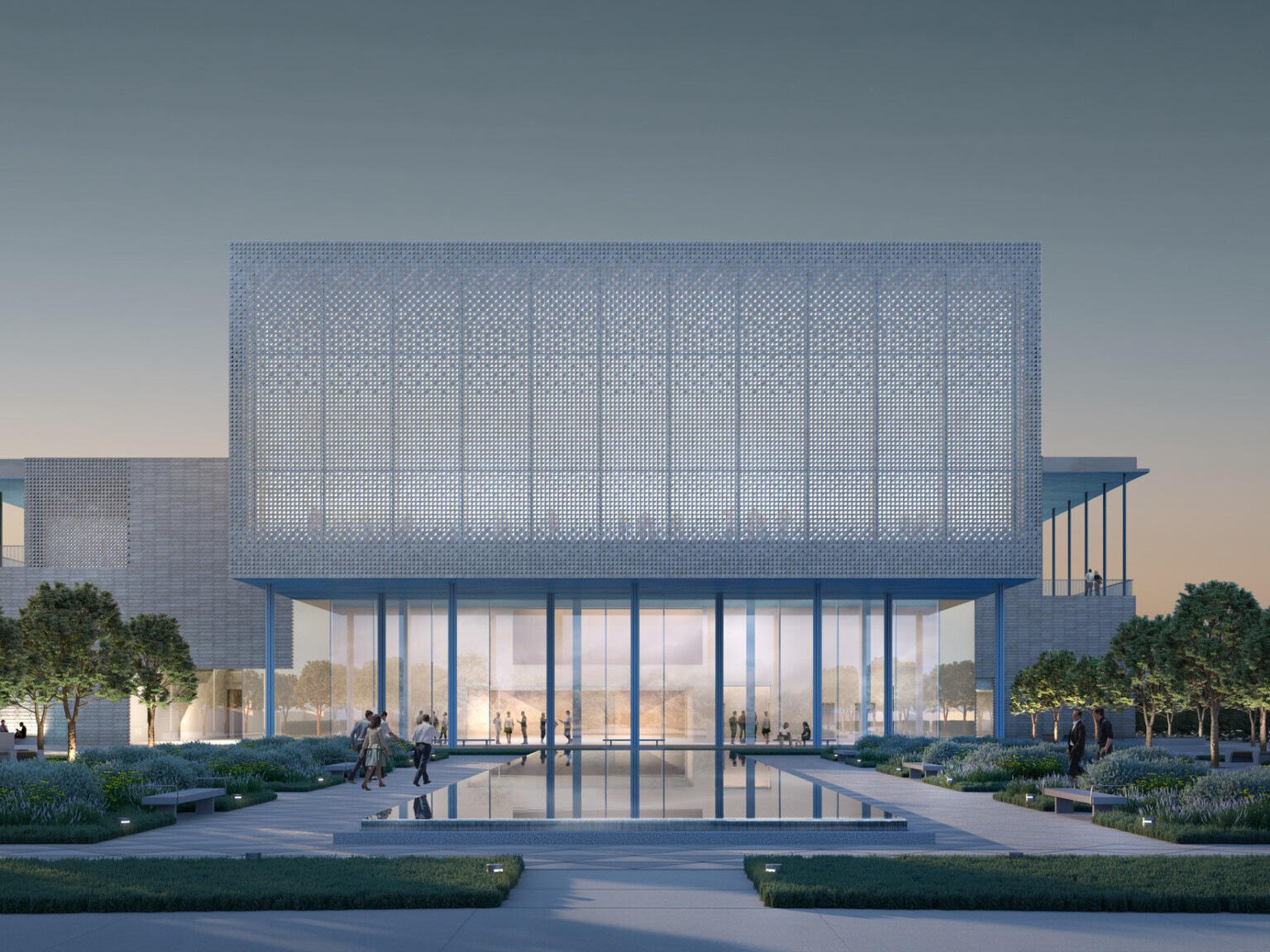 Ismaili Center Houston front entrance; modern white building with multistory facade and feature lighting