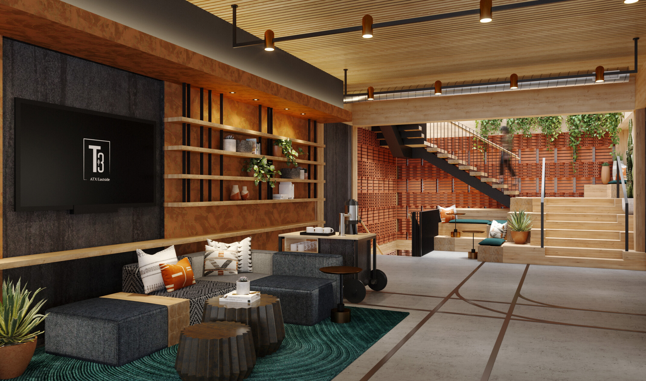 design concept for gathering space in a mass timber building in east austin, texas
