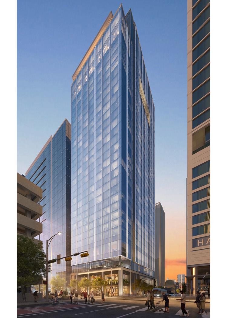 Rendering of the Embassy Suites and Tempo by Hilton dual-brand hotel in downtown Austin, viewed from a corner angle showing the full height of the 30-story tower