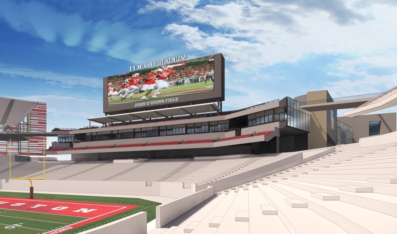 Rendering of the University of Houston Stadium; Jumbotron centering the background of the photo in front of the blue sky Rendering of the University of Houston Stadium; Jumbotron centering the background of the photo in front of the blue sky