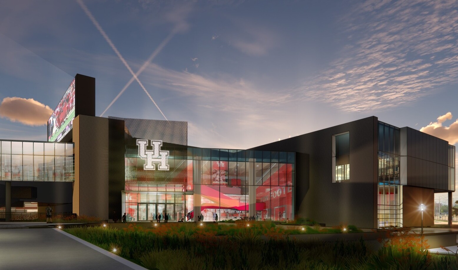 design rendering of exterior entrance, landscaping, custom lighting effects at night, Graphics (XGD) Environmental Graphics Signage