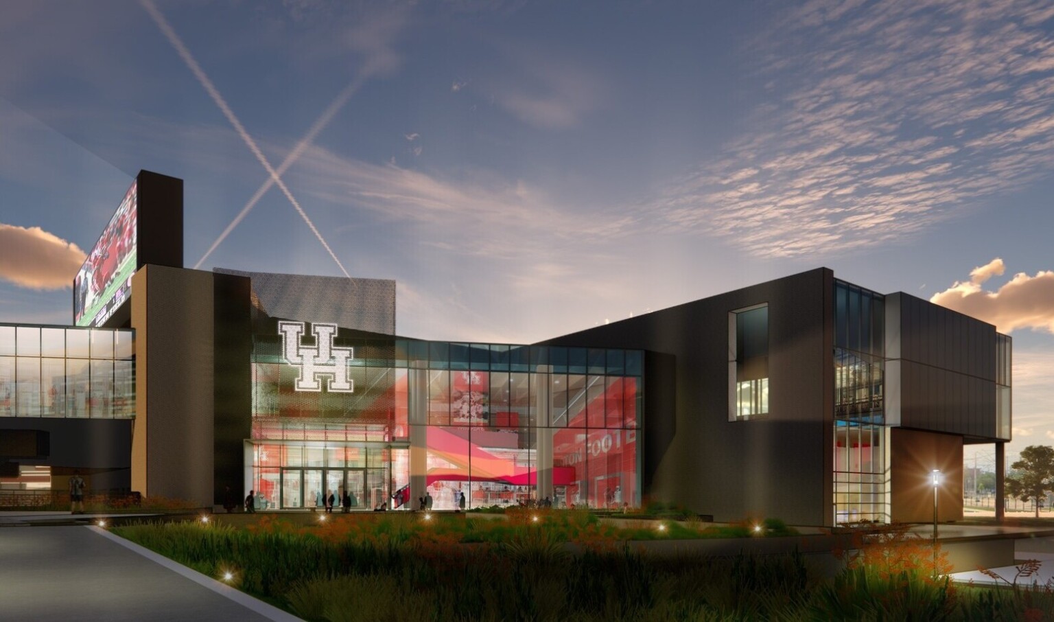 design rendering of exterior entrance, landscaping, custom lighting effects at night, Graphics (XGD) Environmental Graphics Signage
