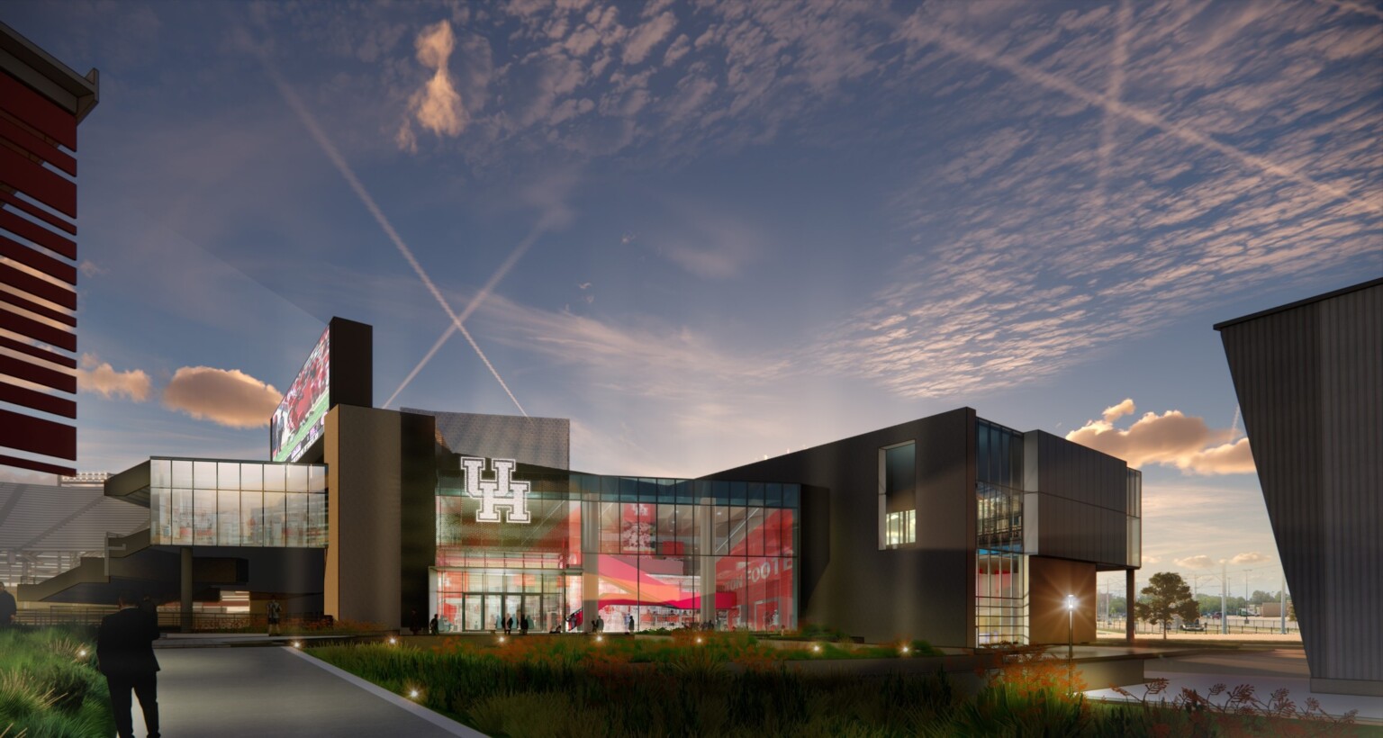 design rendering of exterior entrance, landscaping, custom lighting effects at night, Graphics (XGD) Environmental Graphics Signage design rendering of exterior entrance, landscaping, custom lighting effects at night, Graphics (XGD) Environmental Graphics Signage