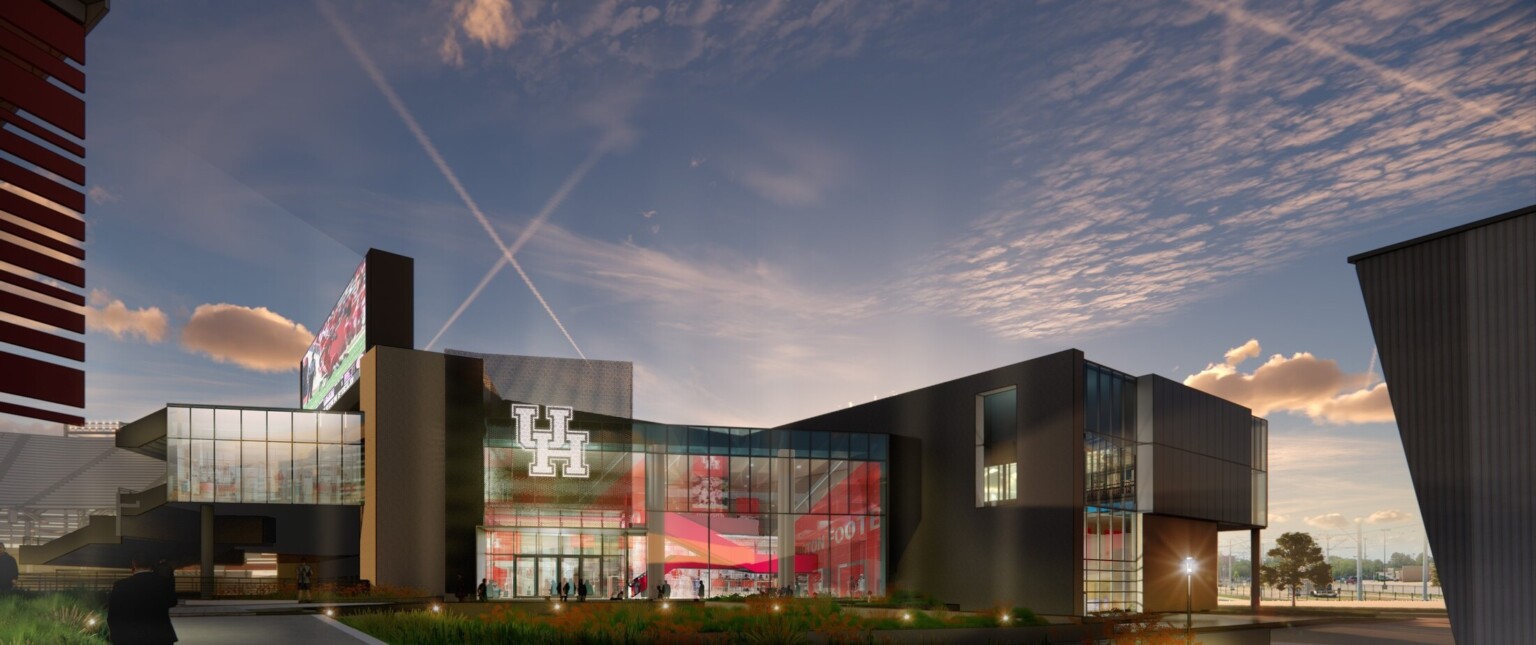 design concept rendering for exterior of football stadium complex, floor-to-ceiling windows, food court, UH signage, natural lighting at dusk design concept rendering for exterior of football stadium complex, floor-to-ceiling windows, food court, UH signage, natural lighting at dusk