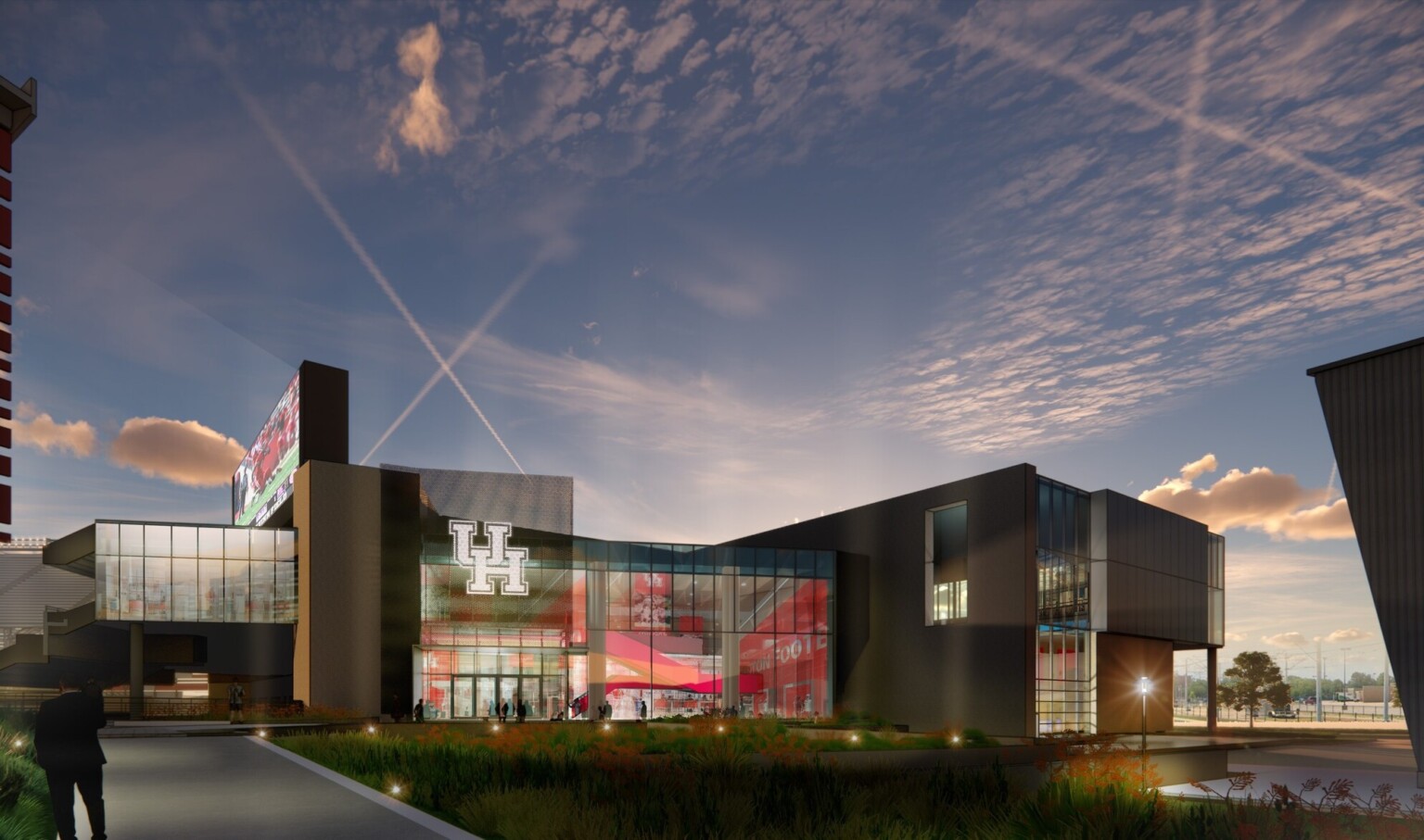 design rendering of exterior entrance, landscaping, custom lighting effects at night, Graphics (XGD) Environmental Graphics Signage