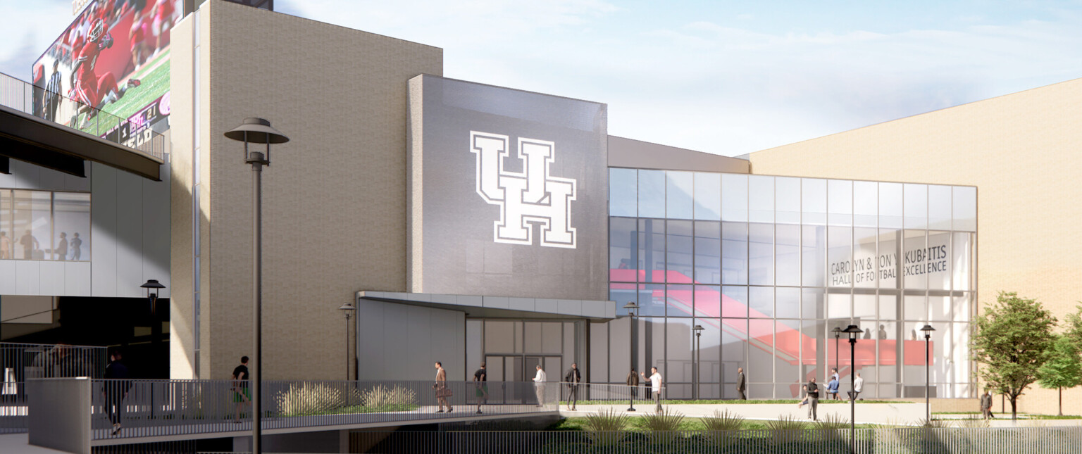 Rendering of the University of Houston football operations center showcasing a brick building with large windows