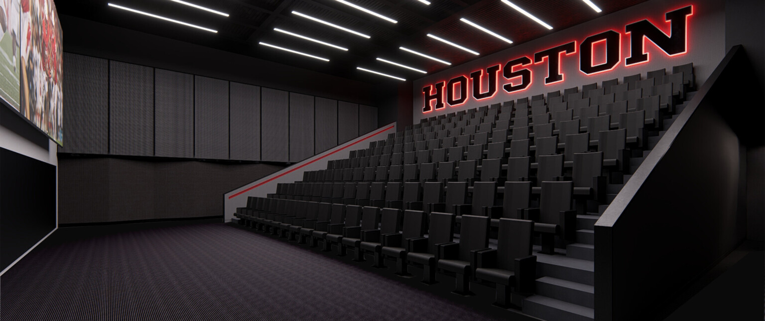 Design rendering of a theatre with black seating, large display screen and red backlight Houston sign