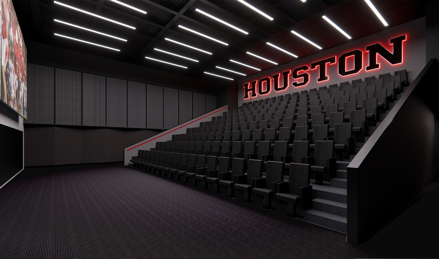 Design rendering of a theatre with black seating, large display screen and red backlight Houston sign