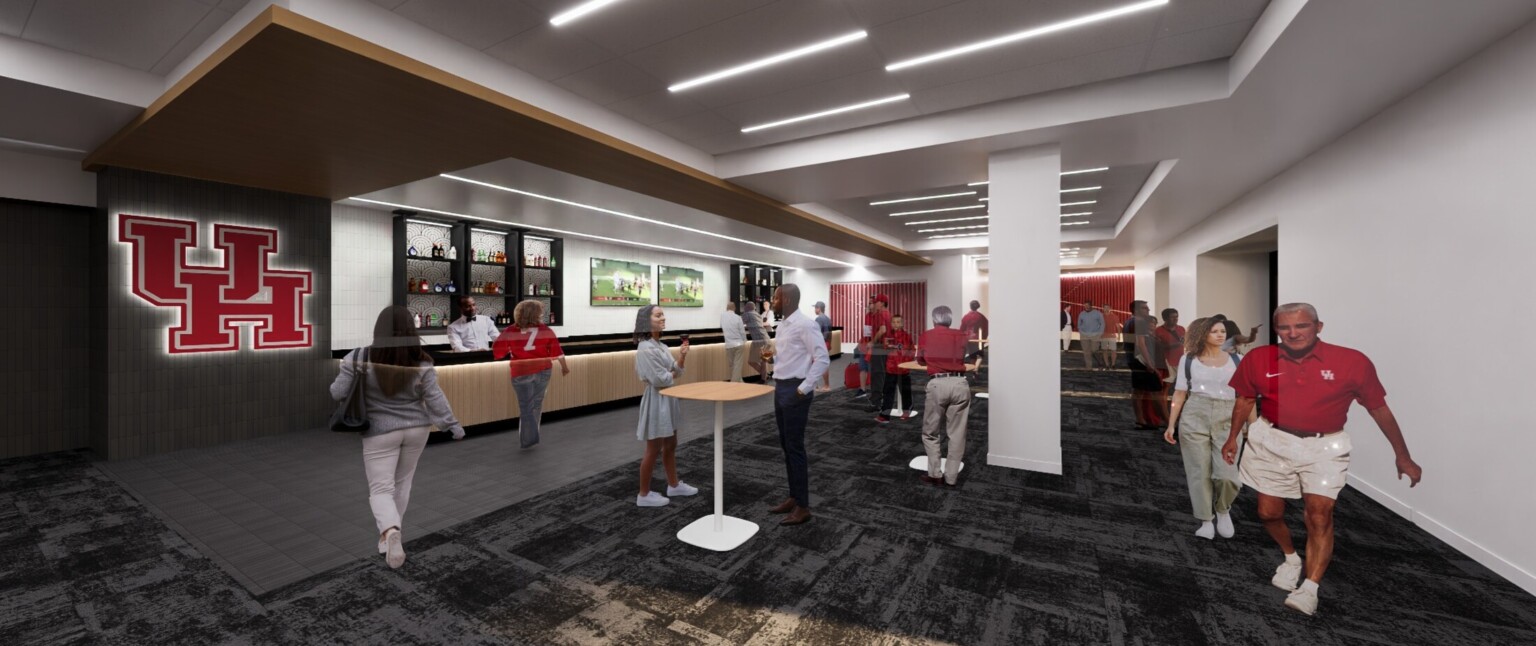 Rendering of a lounge with bar height tables, dark flooring, white walls with branding filled with people