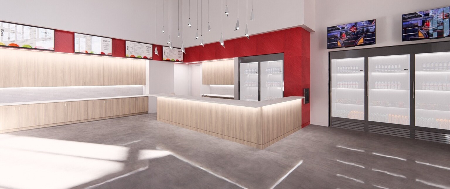 Rendering of a cafe with refrigerated cases, light wood counters, and red accents
