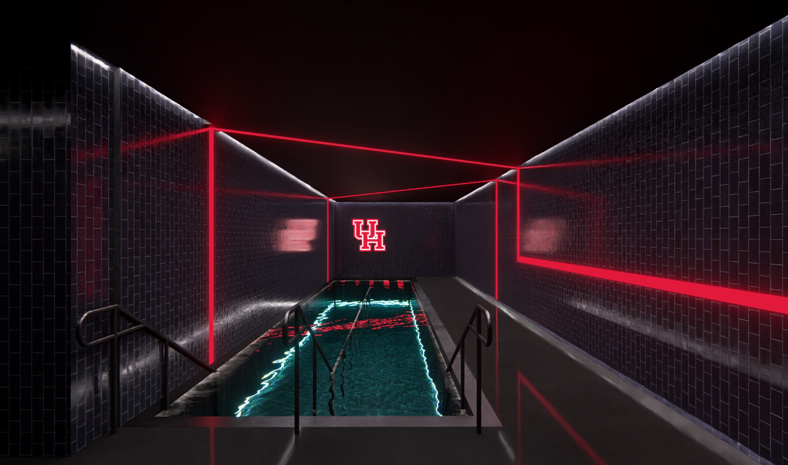 Indoor pool with black walls, red light accents, and a red logo on the back wall Indoor pool with black walls, red light accents, and a red logo on the back wall
