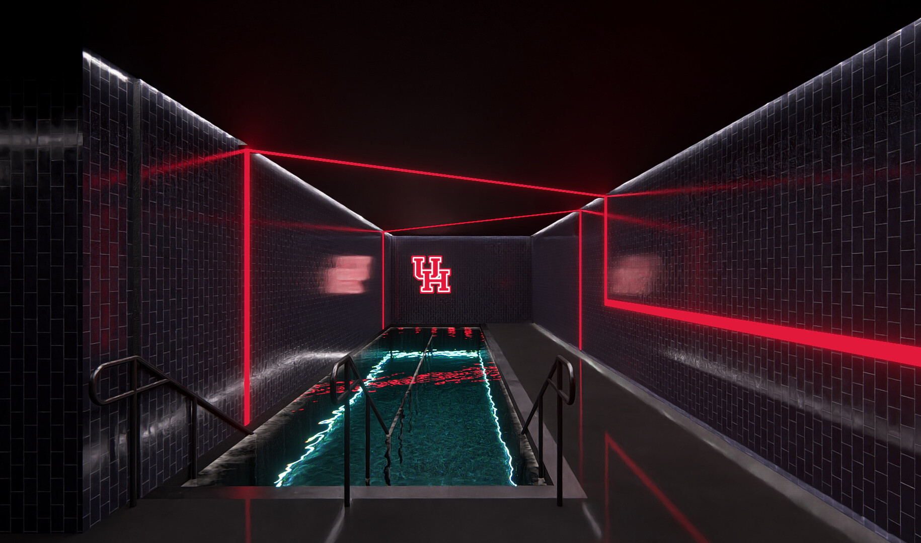 Indoor pool with black walls, red light accents, and a red logo on the back wall
