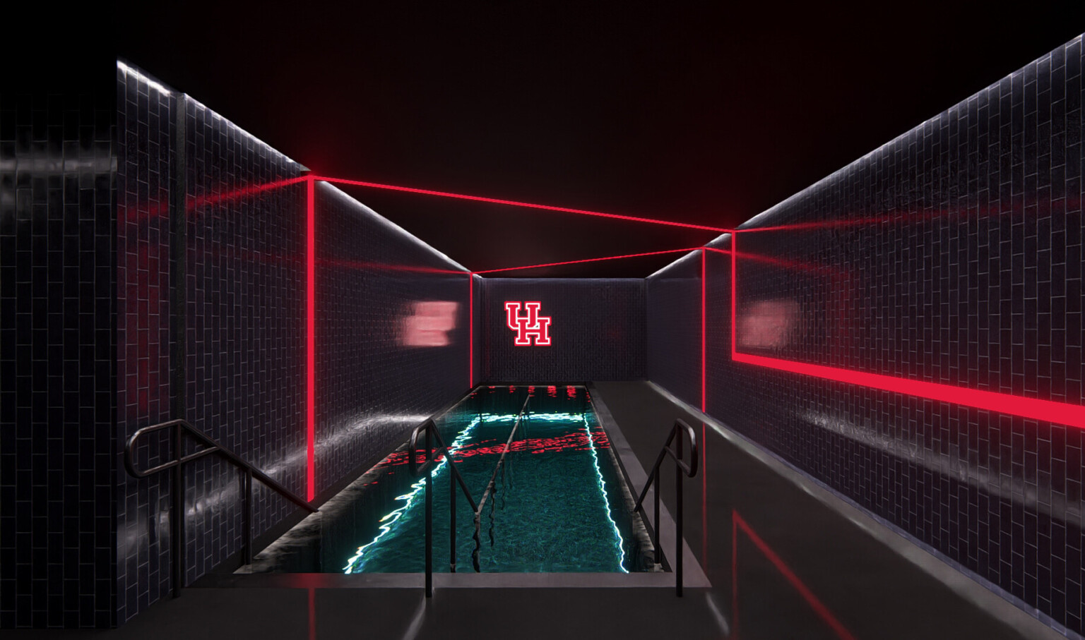 Indoor pool with black walls, red light accents, and a red logo on the back wall Indoor pool with black walls, red light accents, and a red logo on the back wall