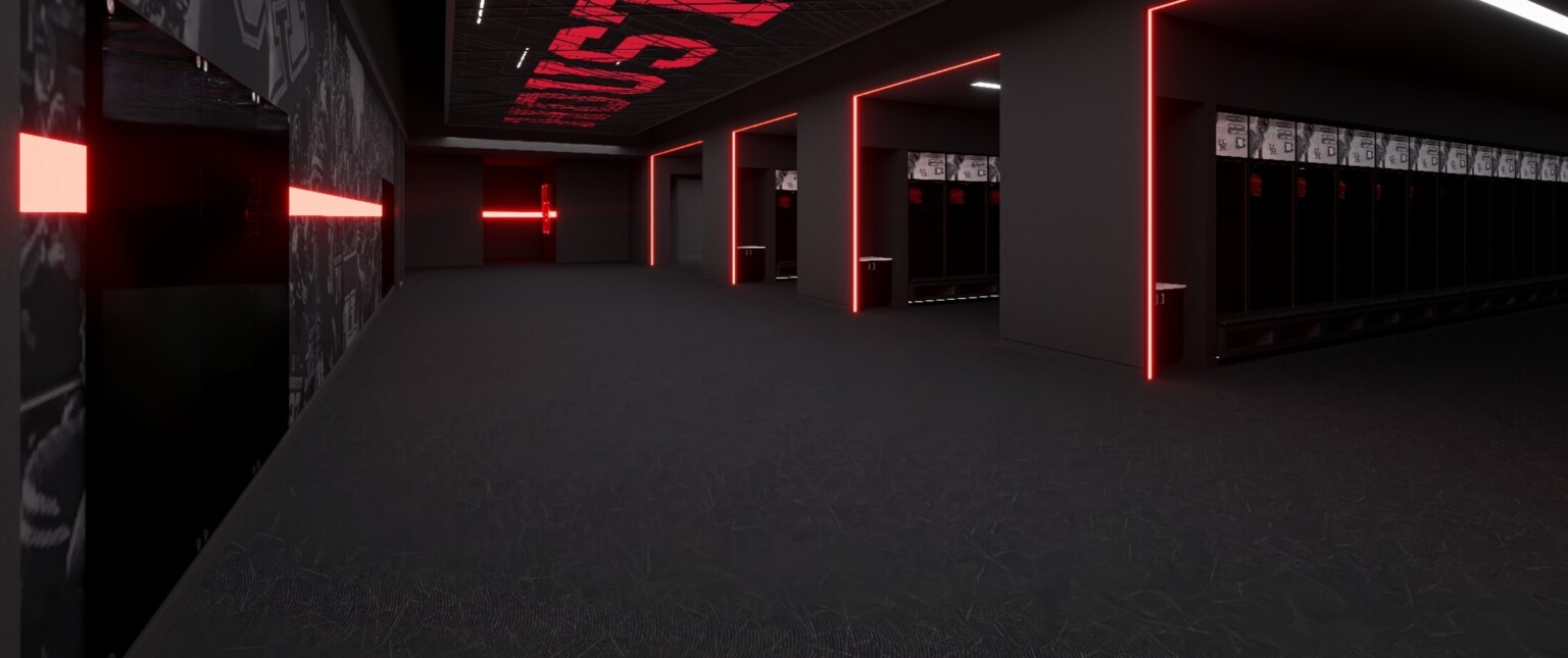 Rendering of a locker room with black walls and floors highlighted by red ambient lighting