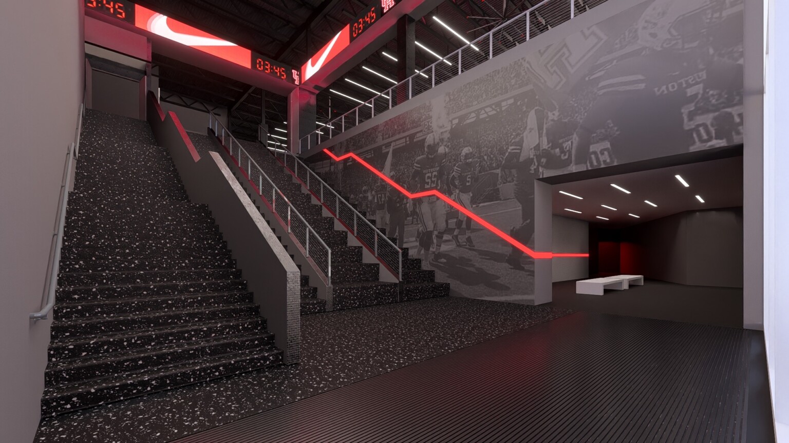 Rendering of a hallway staircase with black flooring, red accents, wall murals, and a digital clock