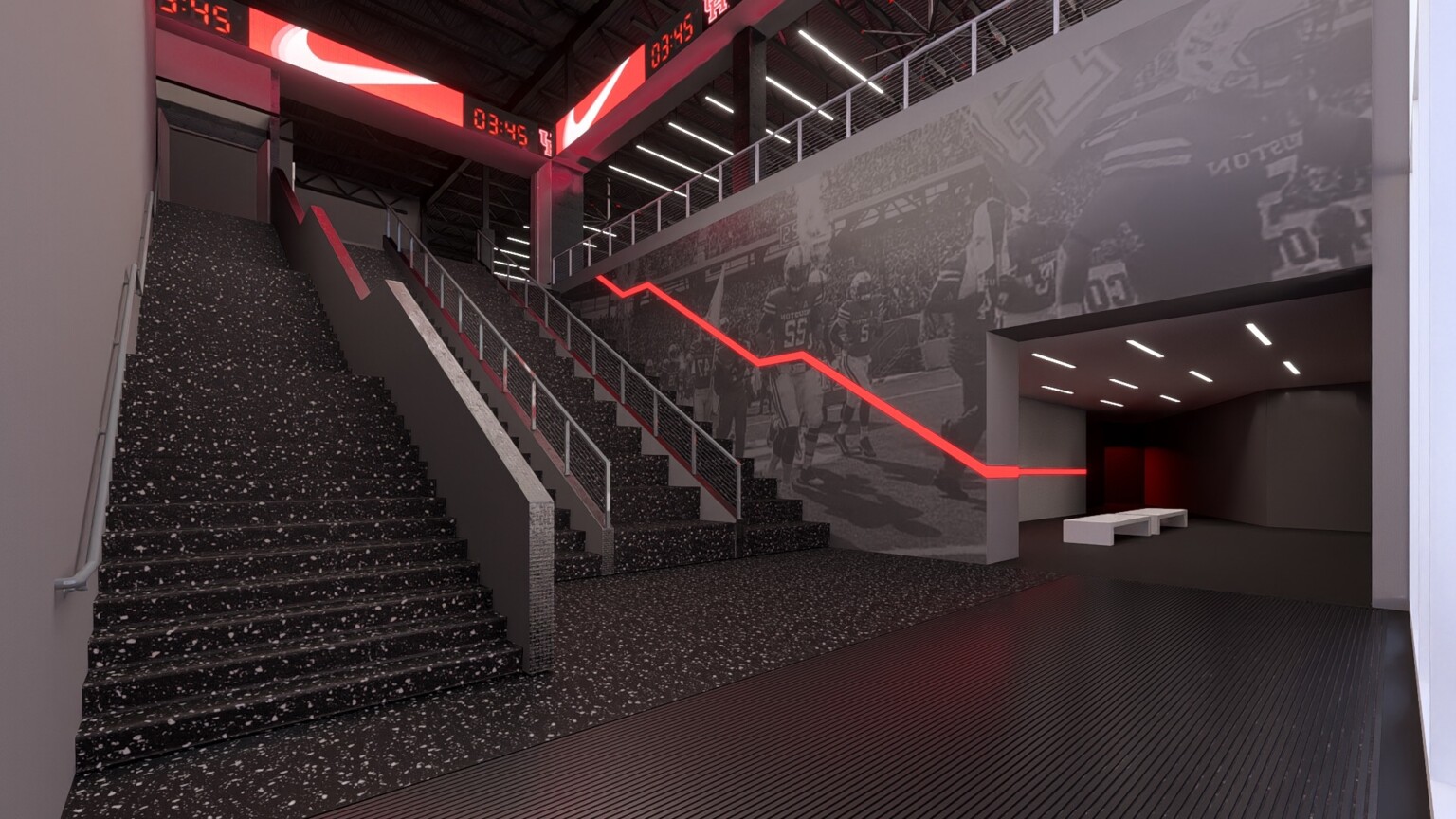 Rendering of a hallway staircase with black flooring, red accents, wall murals, and a digital clock Rendering of a hallway staircase with black flooring, red accents, wall murals, and a digital clock
