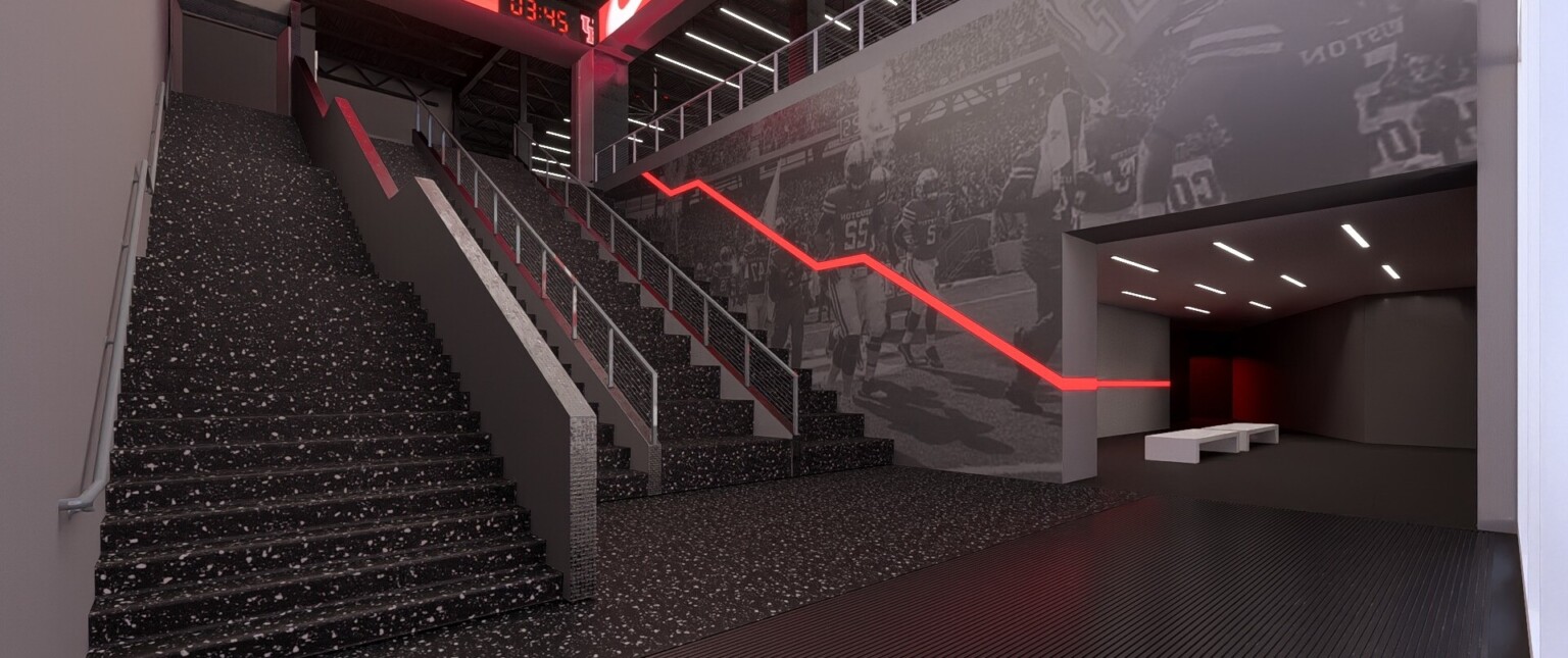 Rendering of a hallway staircase with black flooring, red accents, wall murals, and a digital clock