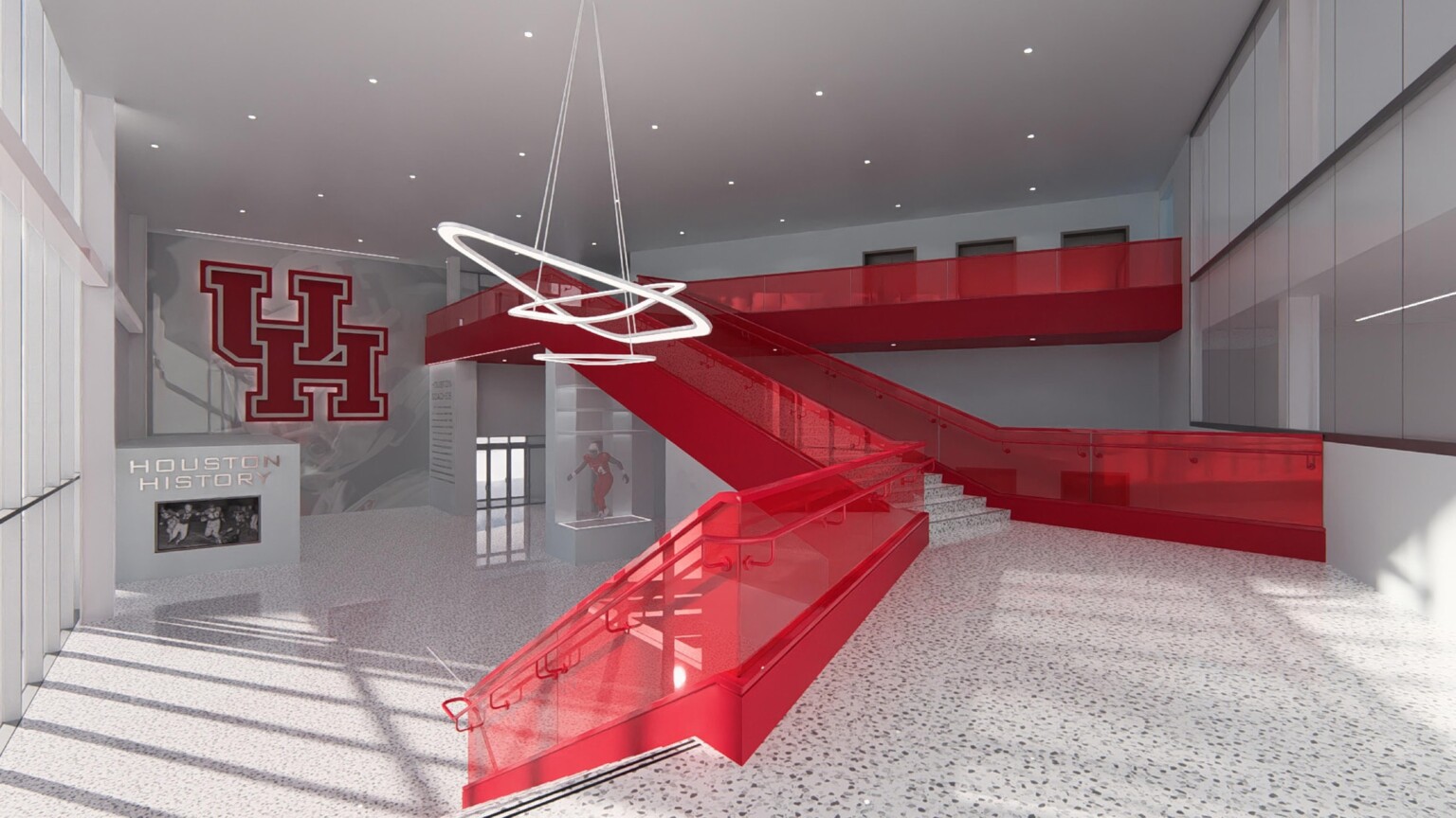 Design concept for lobby, with stairways, branding on walls, stone flooring, high-ceilings, floor-to-ceiling windows, recessed lighting Design concept for lobby, with stairways, branding on walls, stone flooring, high-ceilings, floor-to-ceiling windows, recessed lighting