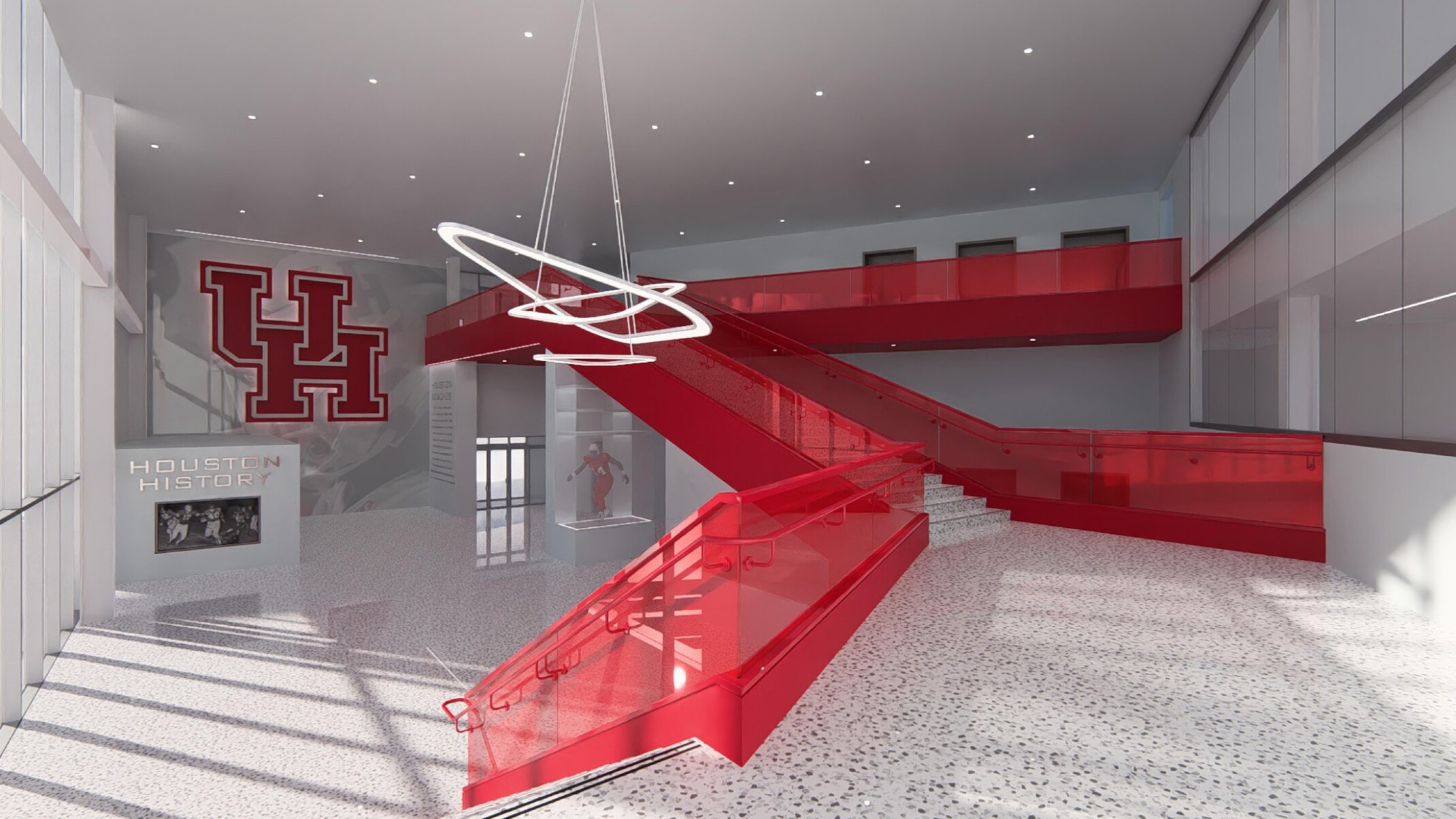 Design concept for lobby, with stairways, branding on walls, stone flooring, high-ceilings, floor-to-ceiling windows, recessed lighting