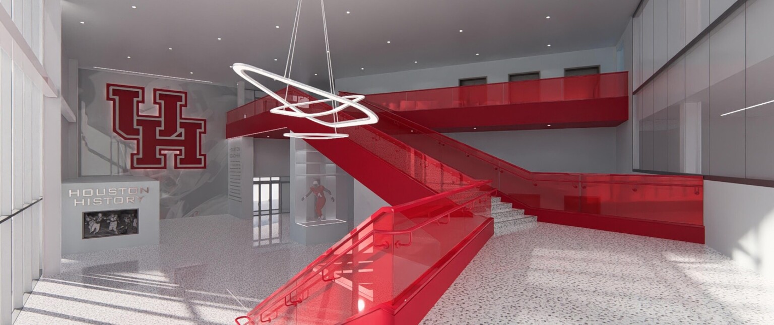 Design concept for lobby, with stairways, branding on walls, stone flooring, high-ceilings, floor-to-ceiling windows, recessed lighting