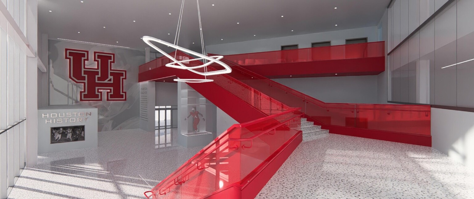 Design concept for lobby, with stairways, branding on walls, stone flooring, high-ceilings, floor-to-ceiling windows, custom and recessed lighting
