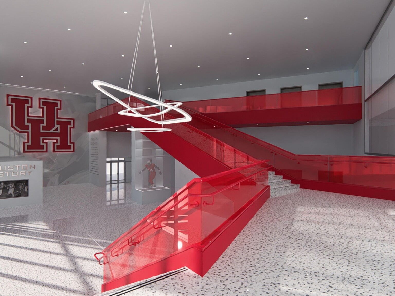 Design concept for lobby, with stairways, branding on walls, stone flooring, high-ceilings, floor-to-ceiling windows, recessed lighting Design concept for lobby, with stairways, branding on walls, stone flooring, high-ceilings, floor-to-ceiling windows, recessed lighting