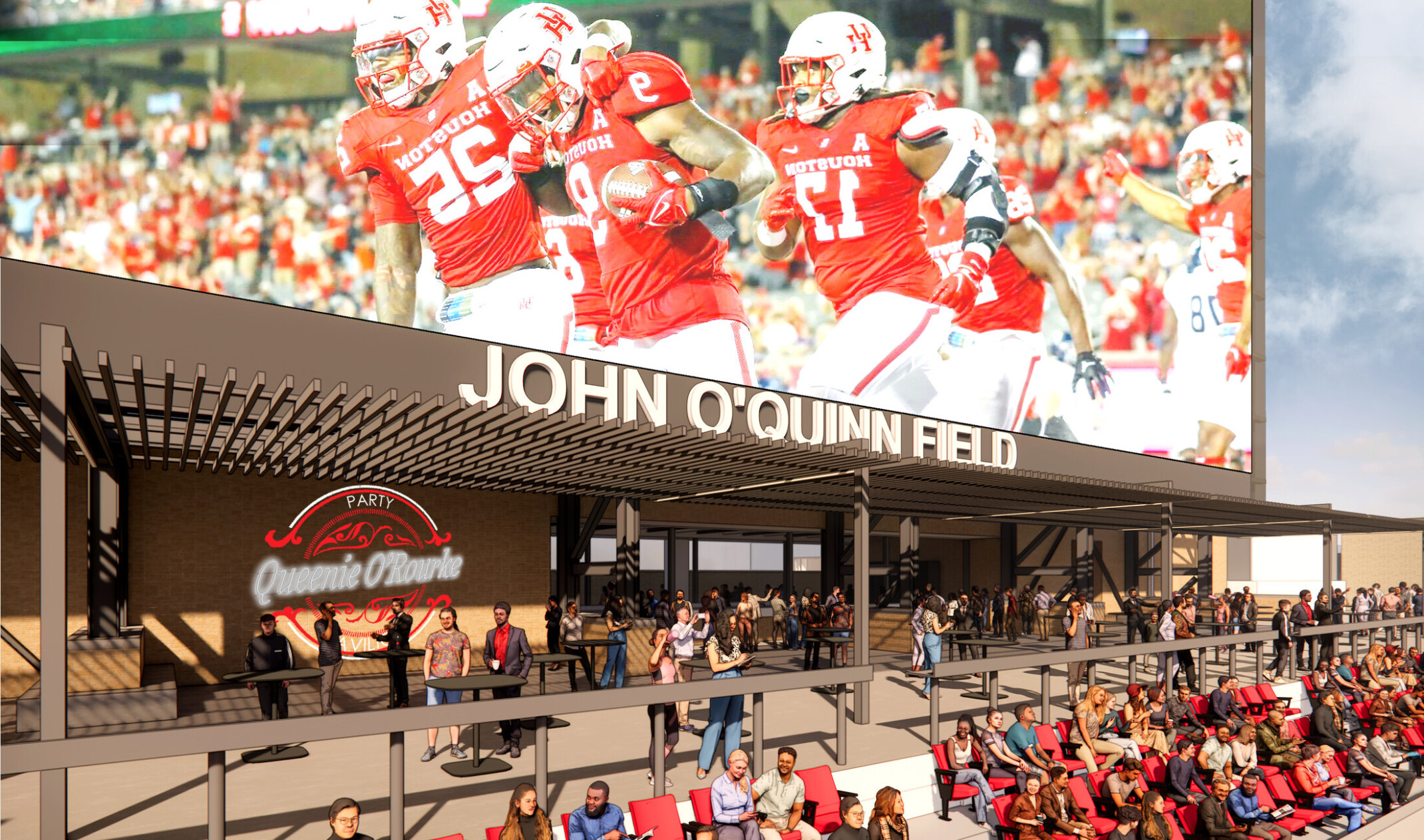 Outdoor patio with large screen, red seating filled with people with branding on the back walls