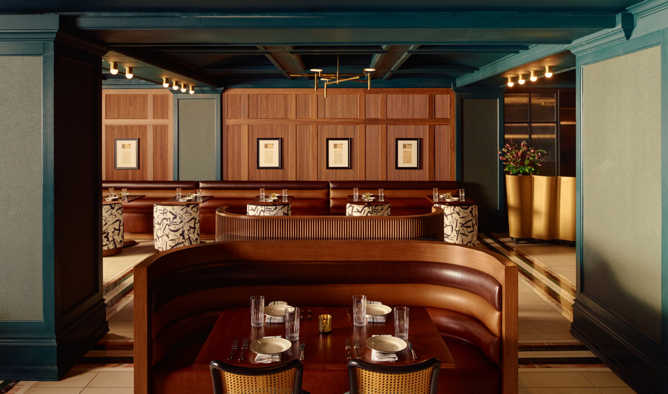 Jots restaurant at the Gunter Hotel, with a tawny leather booths and banquettes beneath inkwell-blue walls and ceiling.